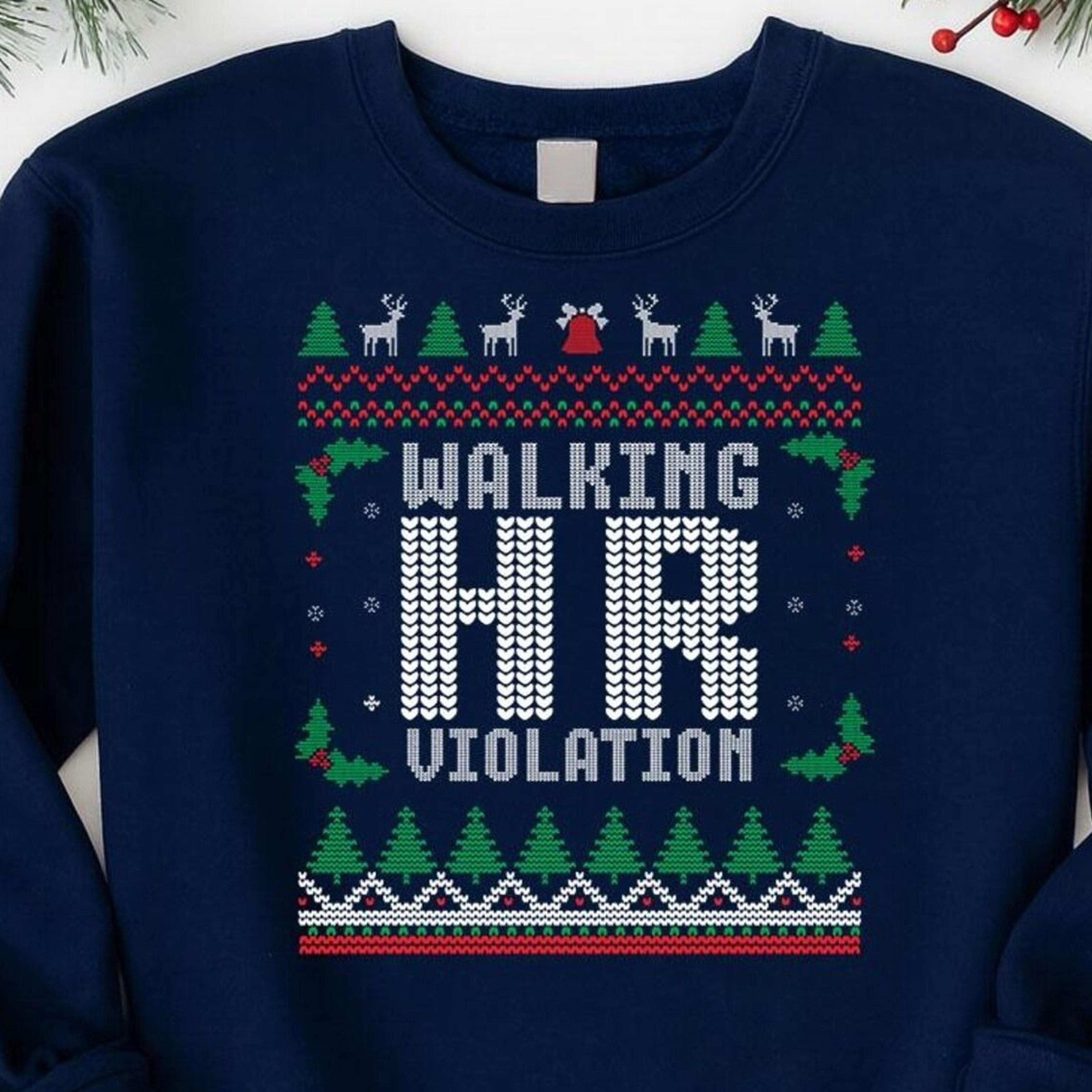 office ugly christmas sweater, walking hr violation funny work jumper, workplace xmas party outfit