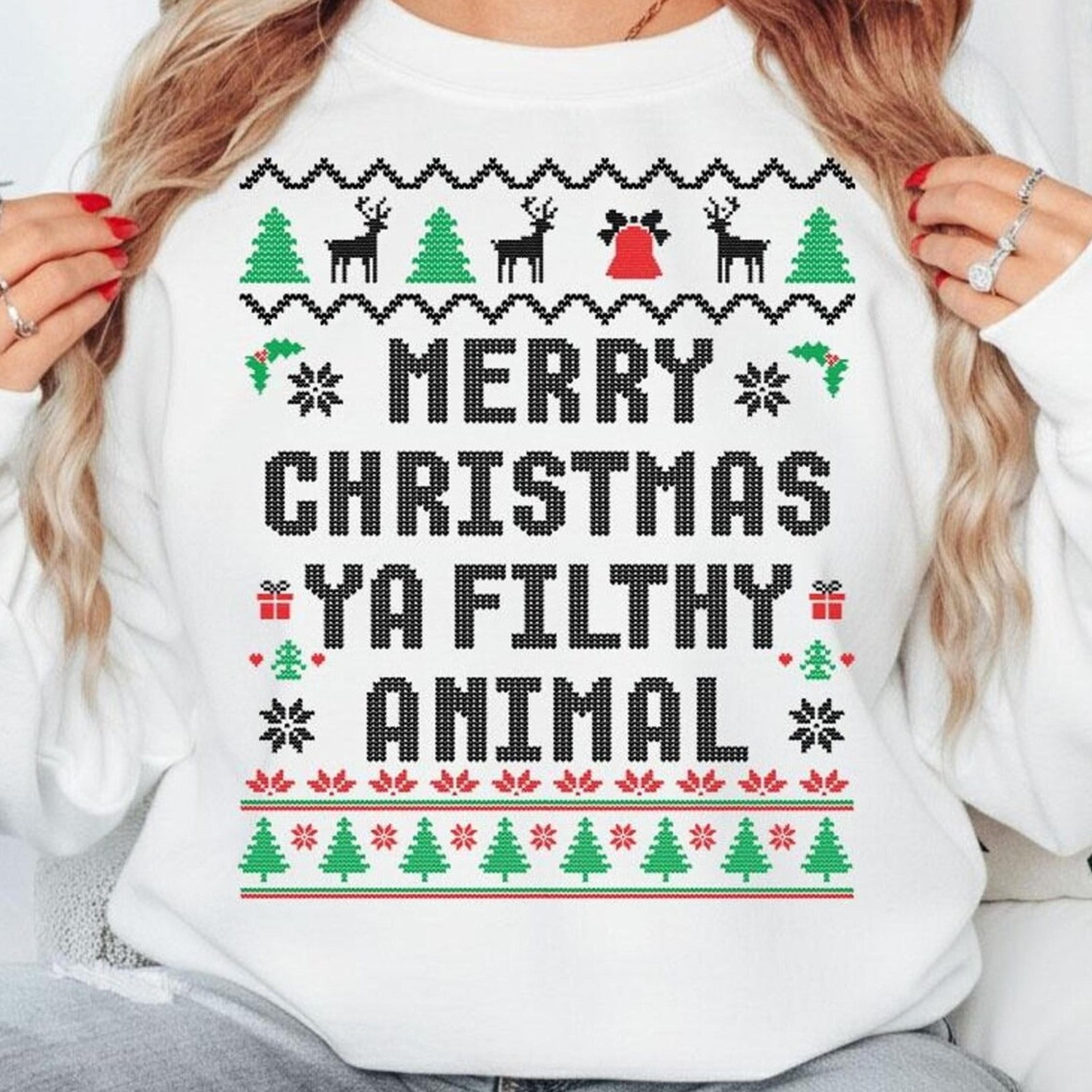 merry christmas ya filthy animal sweatshirt, funny ugly christmas jumper, holiday movie sweater