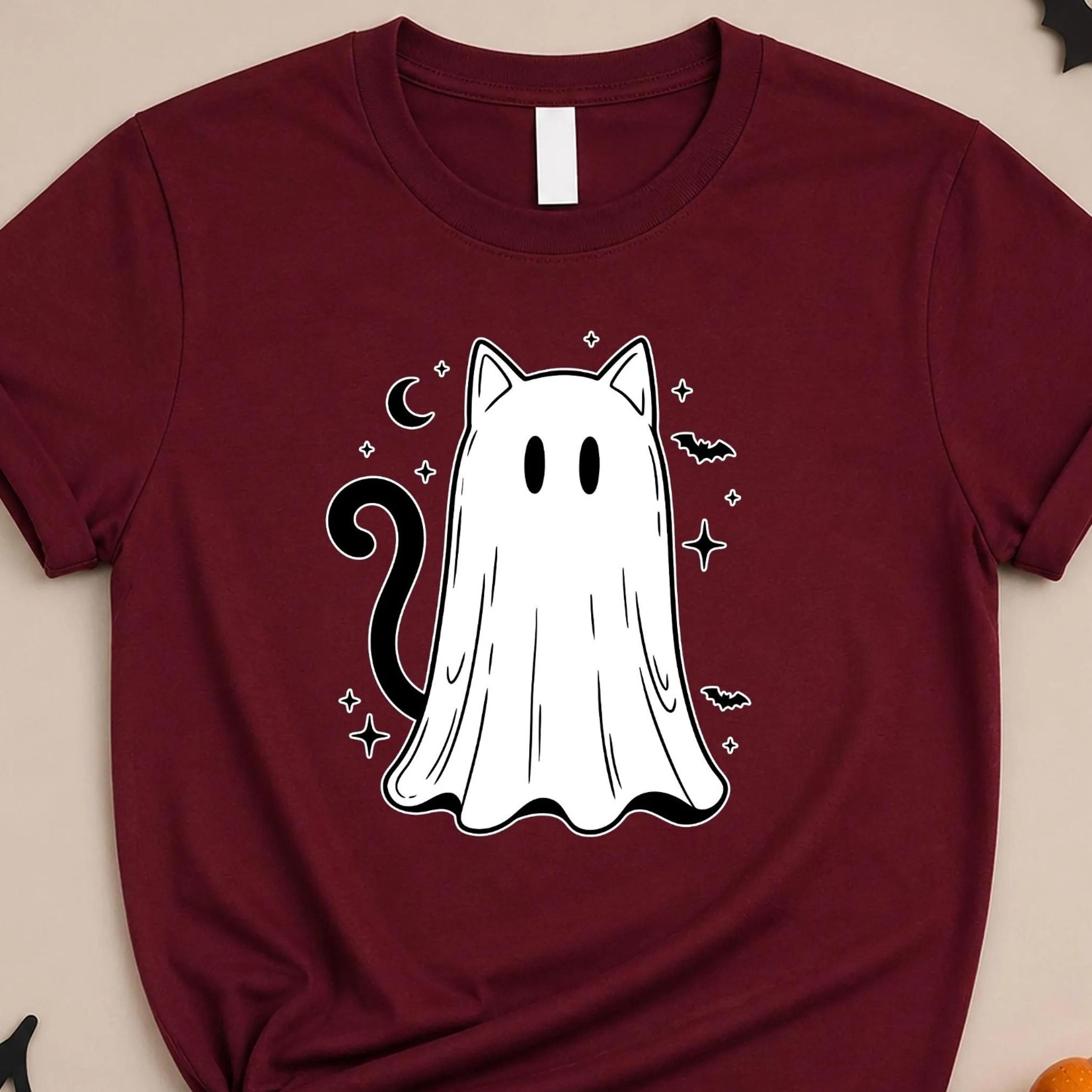 ghost cat halloween shirt, spooky kitty crescent moon tee, cute bat halloween t shirt
