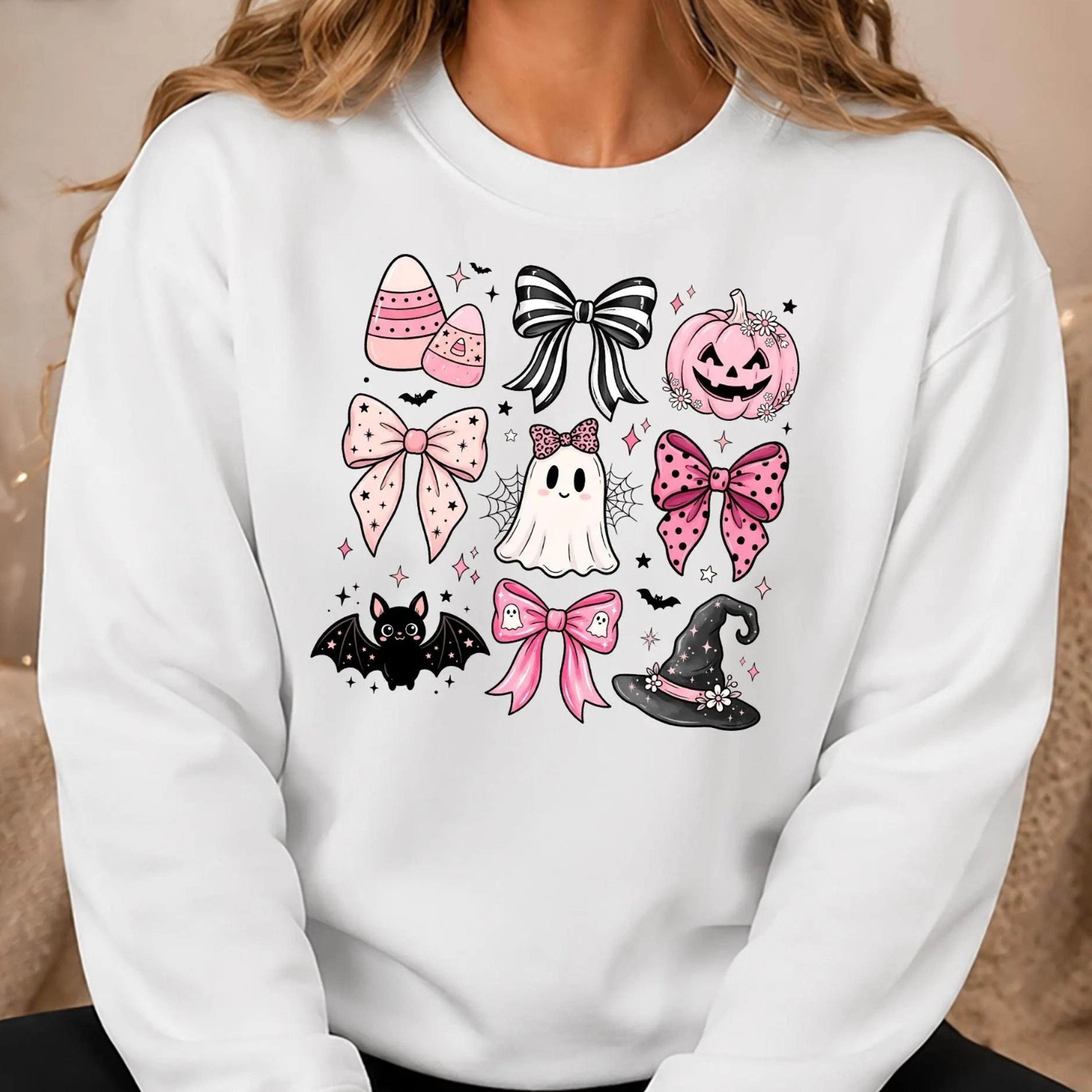 coquette halloween sweatshirt, pink ghost pumpkin crewneck, cute bow candy corn sweater