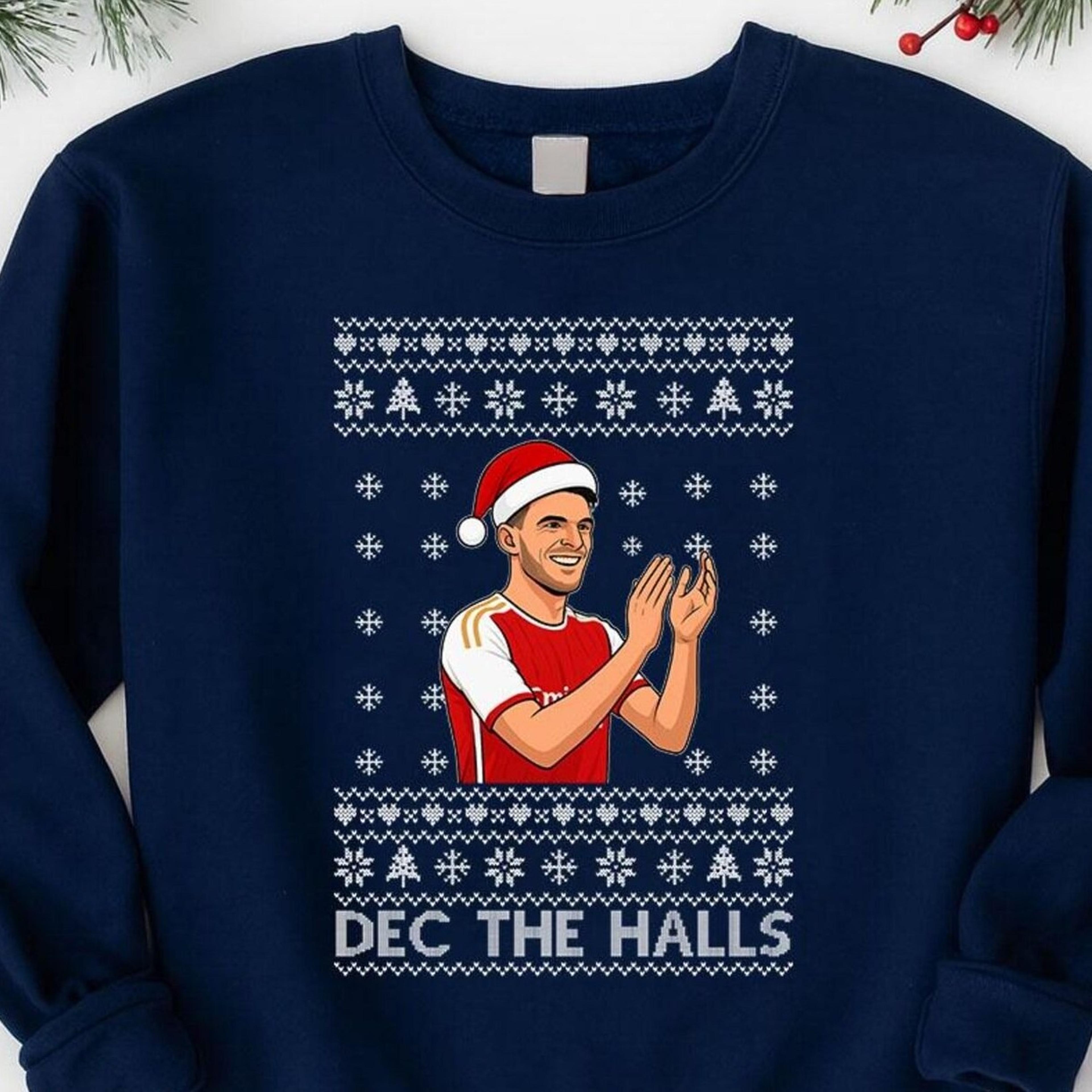 dec the halls declan rice arsenal xmas jumper, football christmas sweatshirt for men & women, festive soccer gift