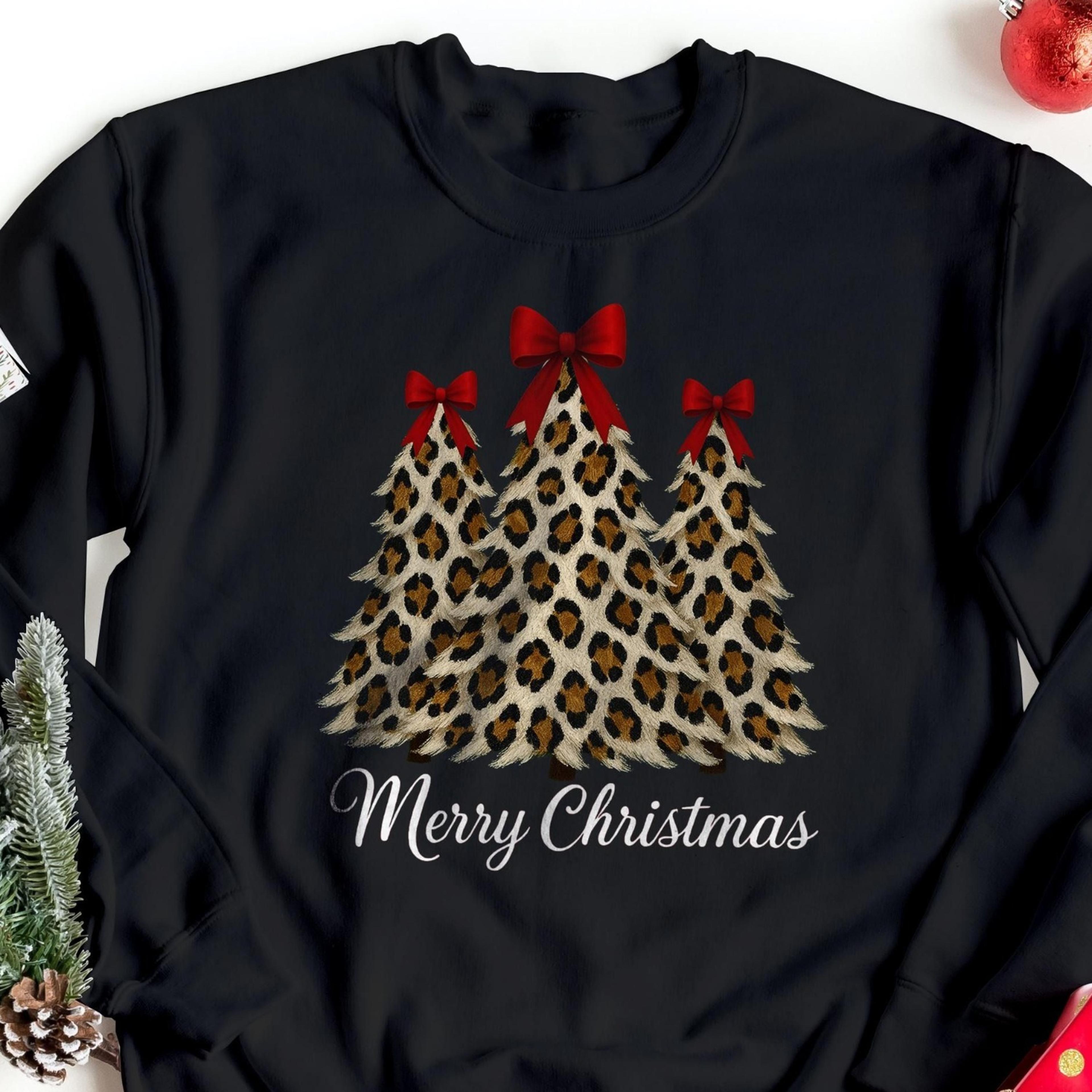 leopard christmas tree sweatshirt, coquette bow tree jumper, trendy holiday crewneck