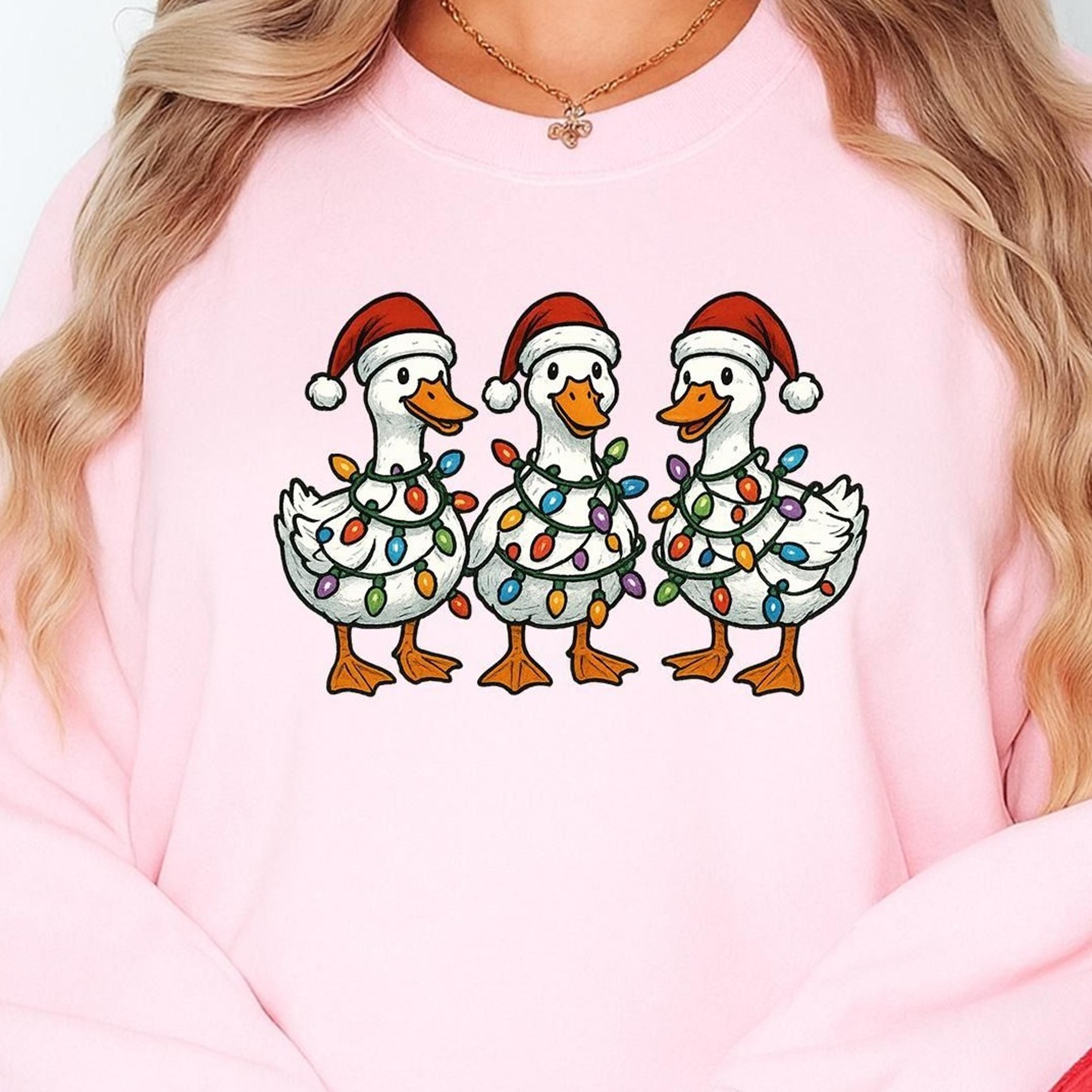 christmas duck lights sweatshirt, funny duck holiday sweater, ducks in santa hats