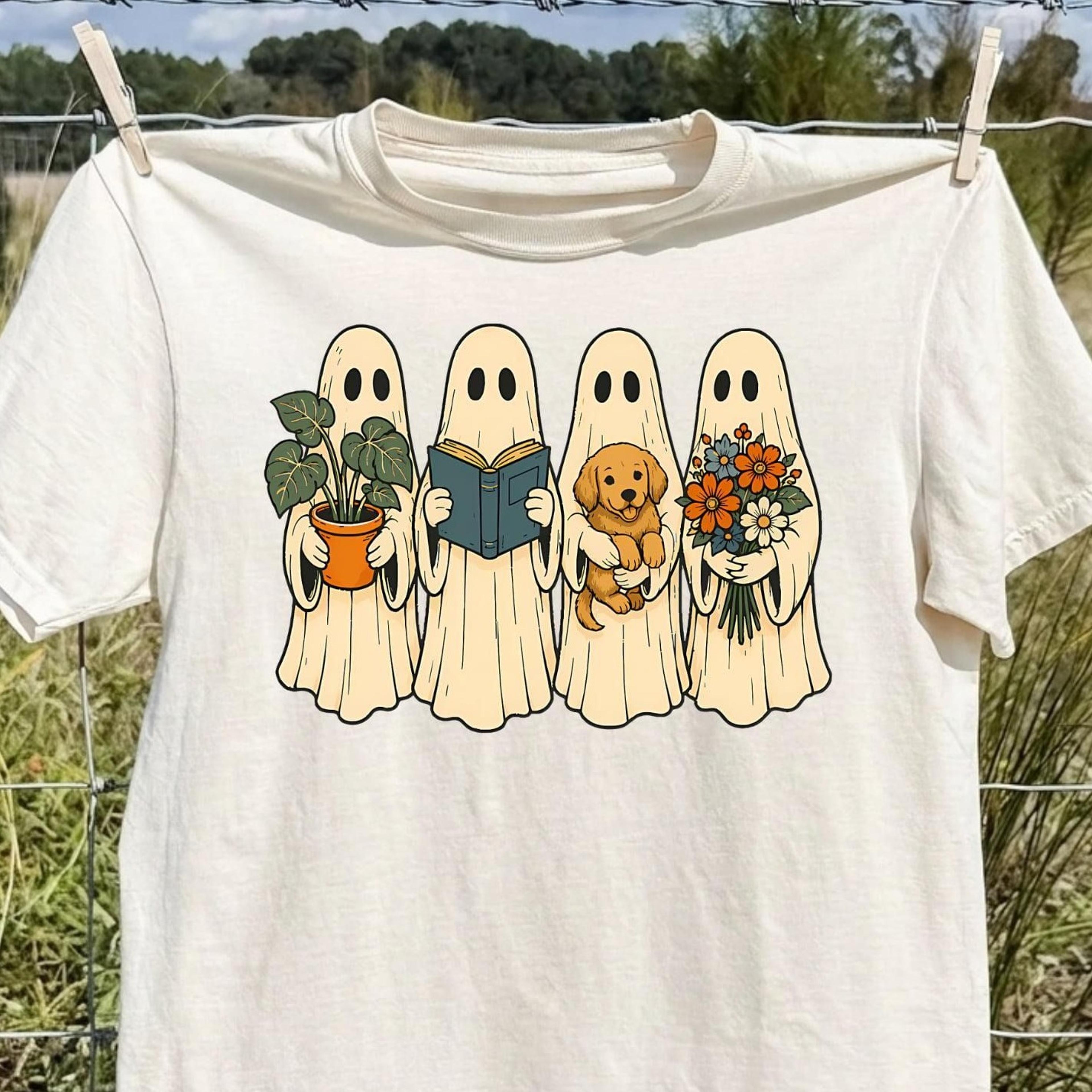 cute ghost halloween shirt cottagecore bookish plant dog ghost tee cozy autumn t-shirt halloween gift