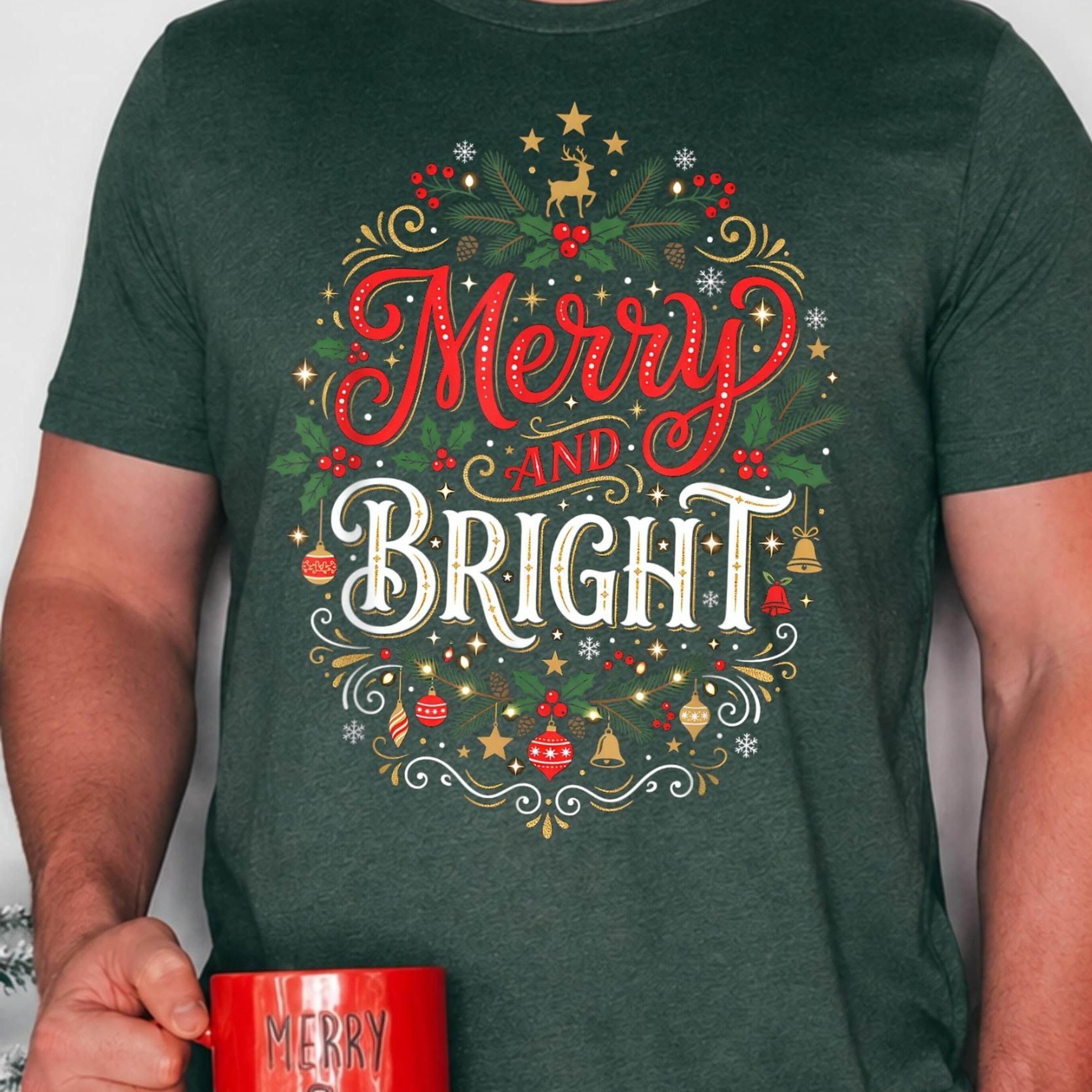 merry and bright xmas shirt vintage christmas tee elegant holiday t-shirt christmas gift