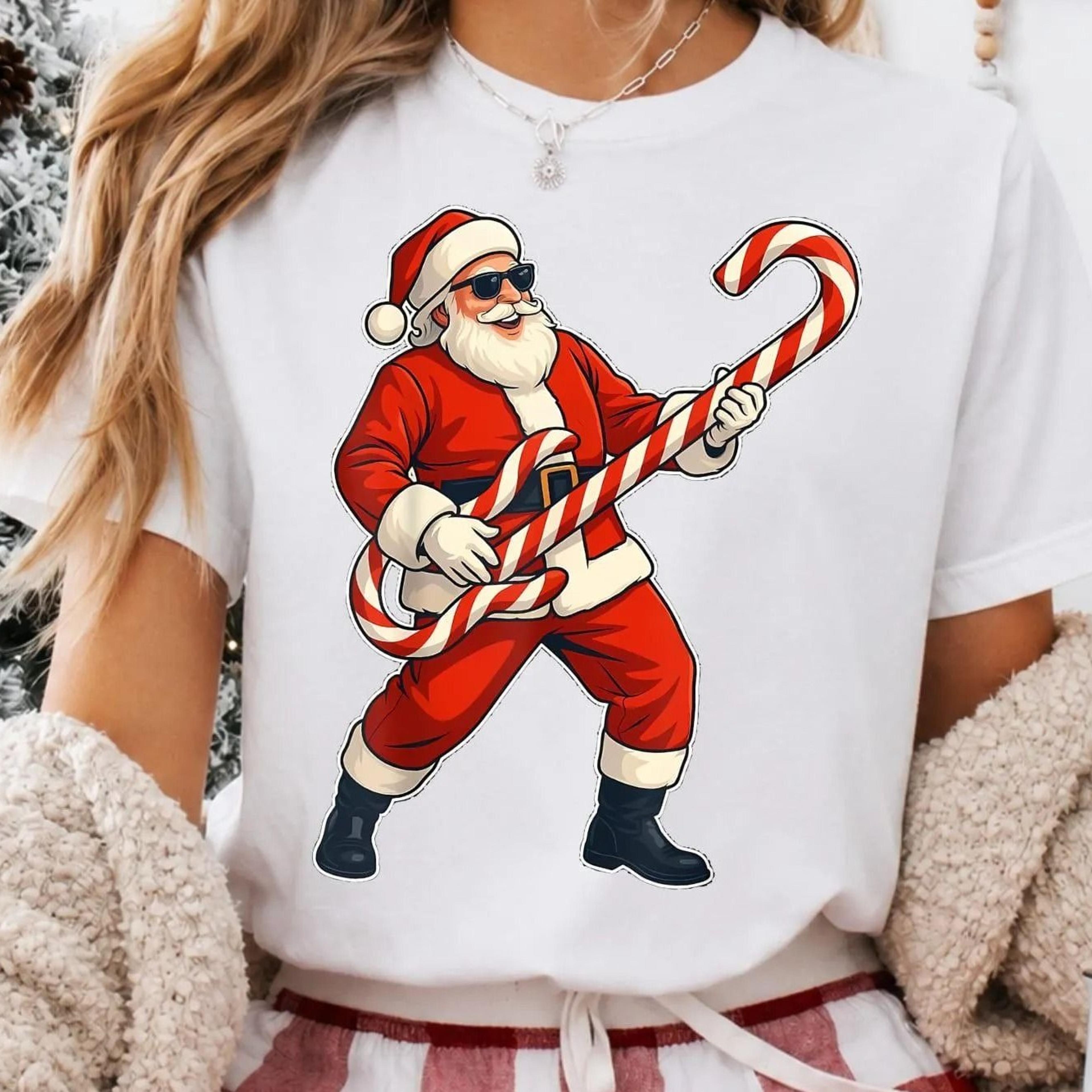 rockstar santa shirt, funny santa playing candy cane guitar tee, cool santa christmas shirt, rock n roll christmas