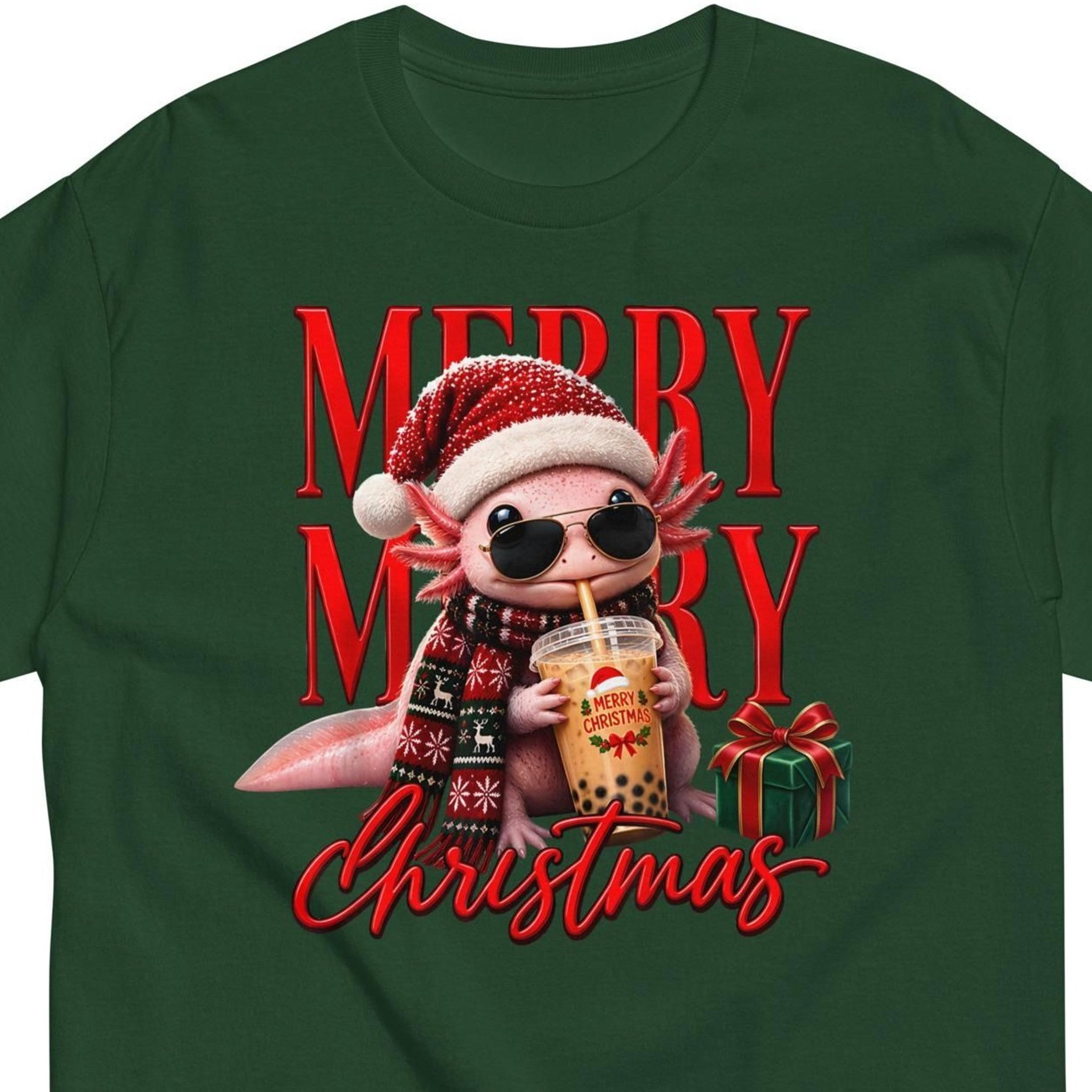 merry merry christmas axolotl shirt, funny axolotl boba tea shirt, cute christmas animal tee, trendy axolotl gift