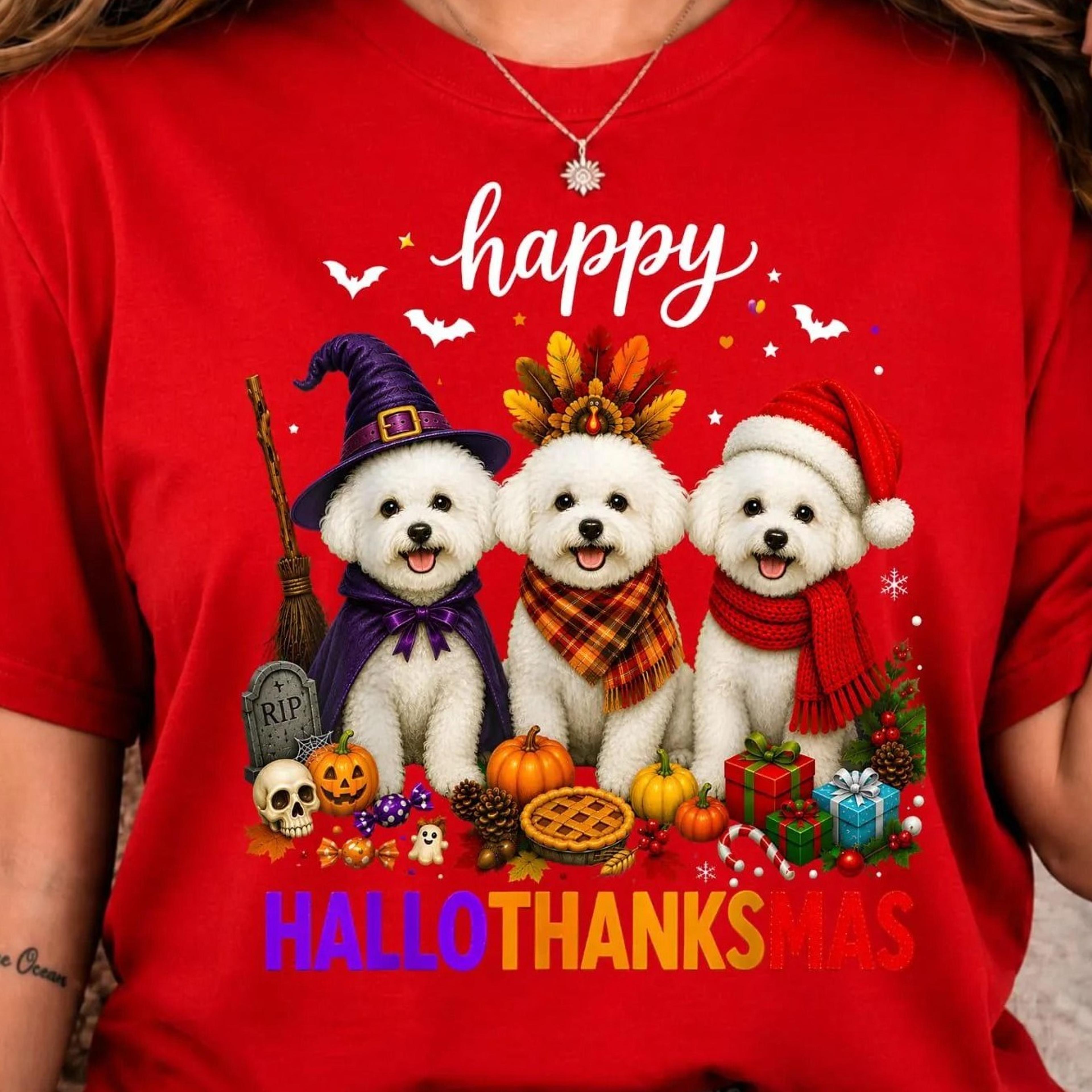 hallothanksmas shirt, funny bichon frise holiday shirt, halloween thanksgiving christmas tee, cute dog holiday shirt