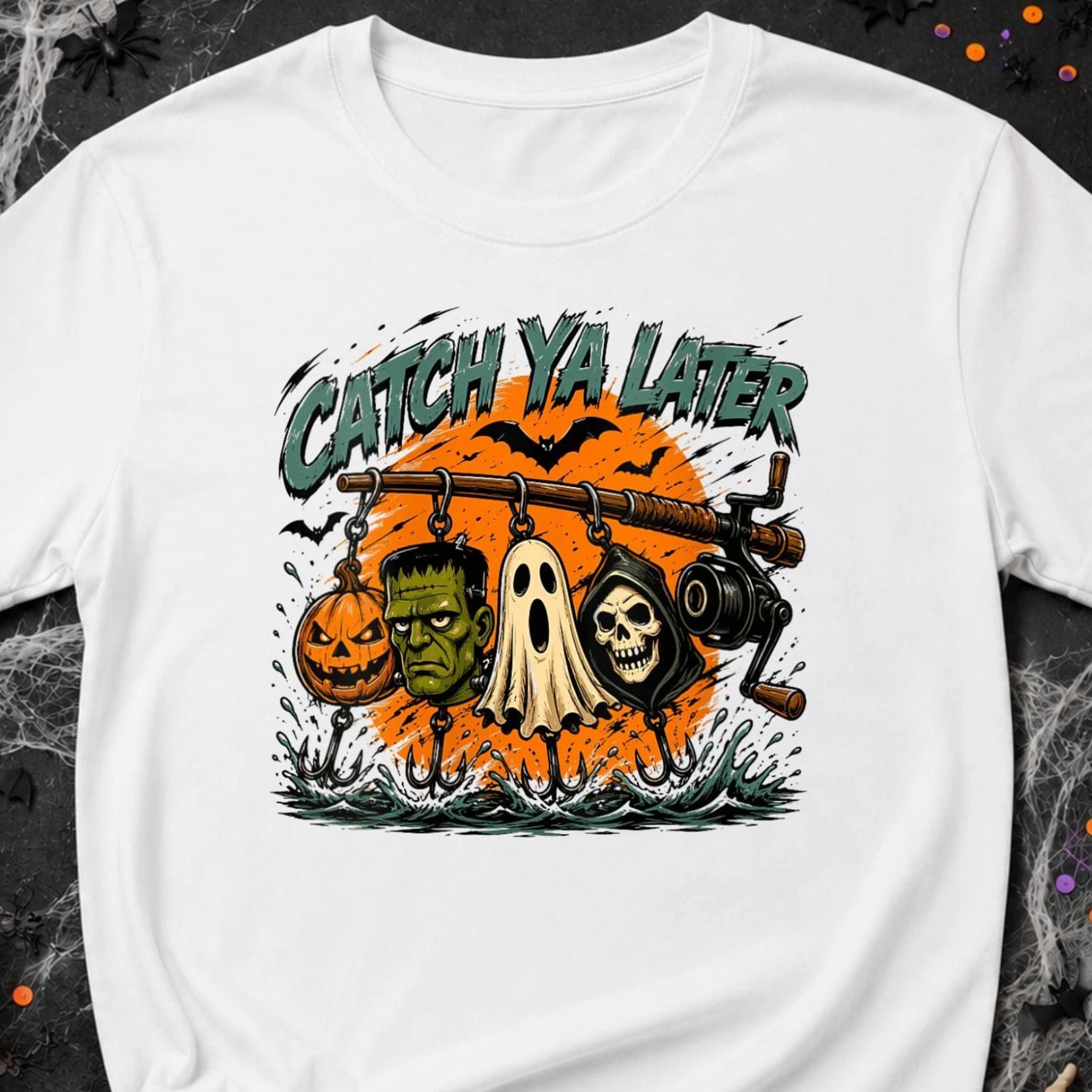 catch ya later halloween fishing shirt, funny fisherman tee, spooky fishing t-shirt, ghost pumpkin horror graphic