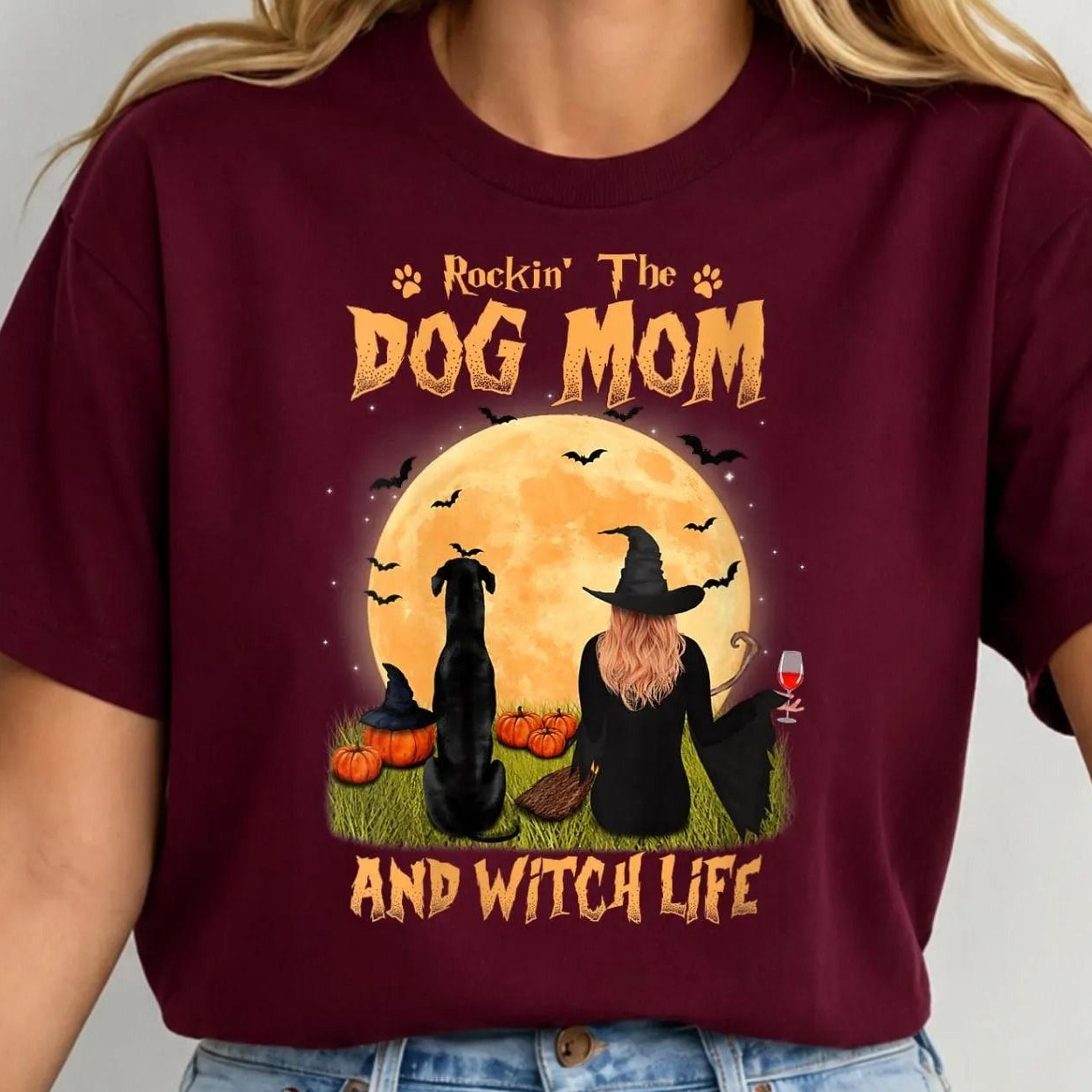rockin' the dog mom and witch life shirt, funny halloween dog mom t-shirt, witch dog lover tee