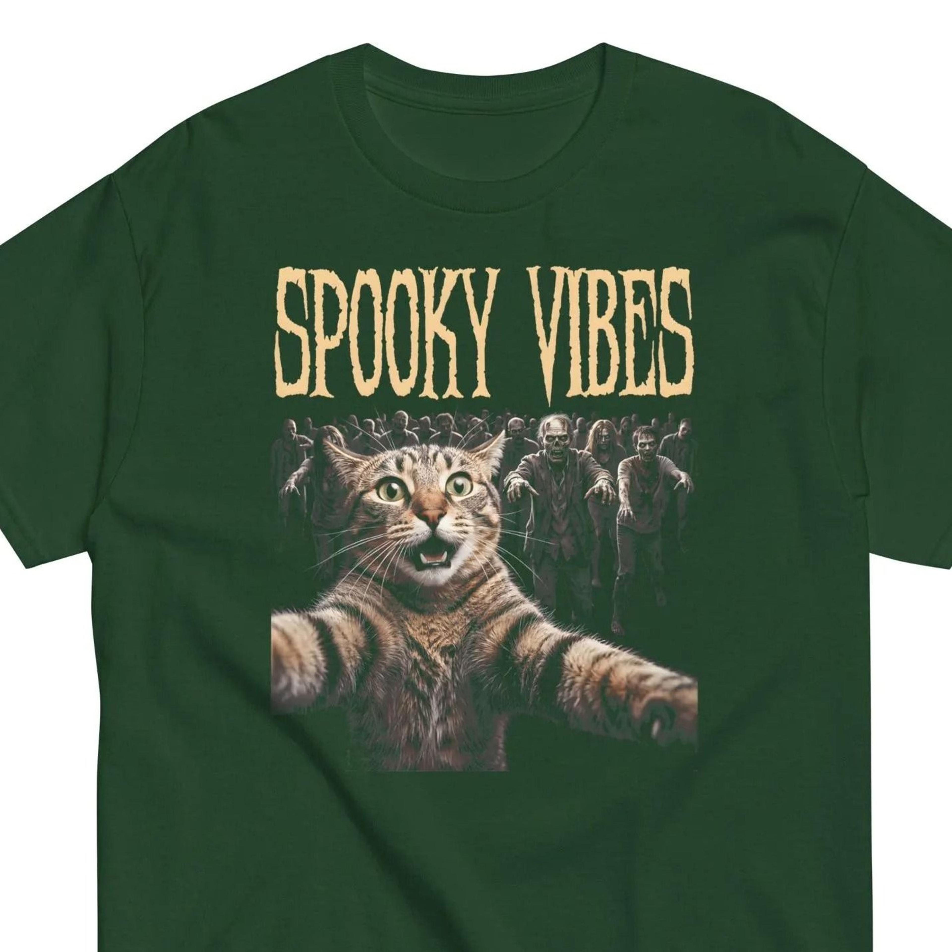 spooky vibes cat halloween shirt, funny zombie cat t-shirt, retro halloween tee, cute horror cat graphic shirt