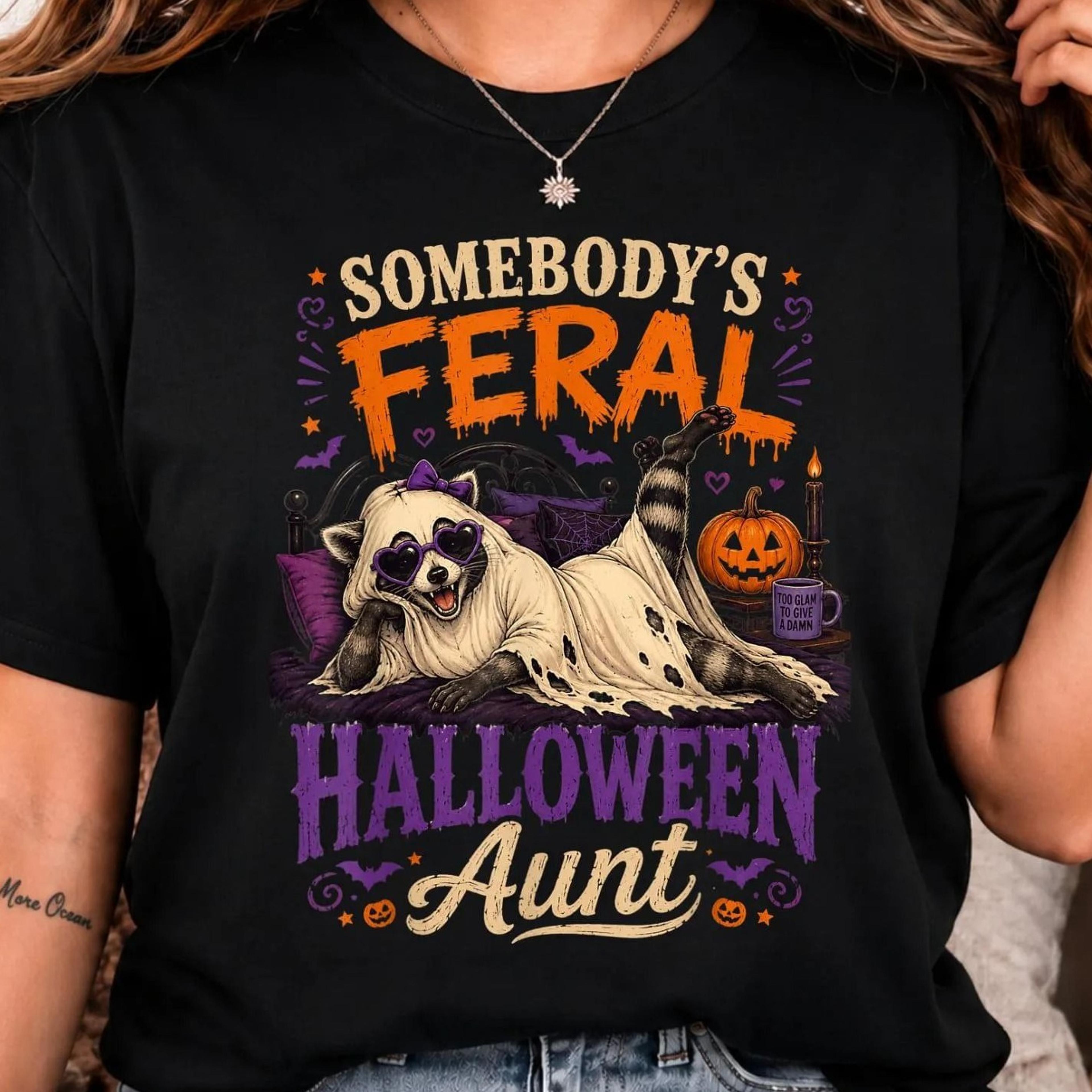 somebody's feral halloween aunt shirt, funny raccoon ghost tee, spooky halloween t-shirt, cute halloween aunt gift