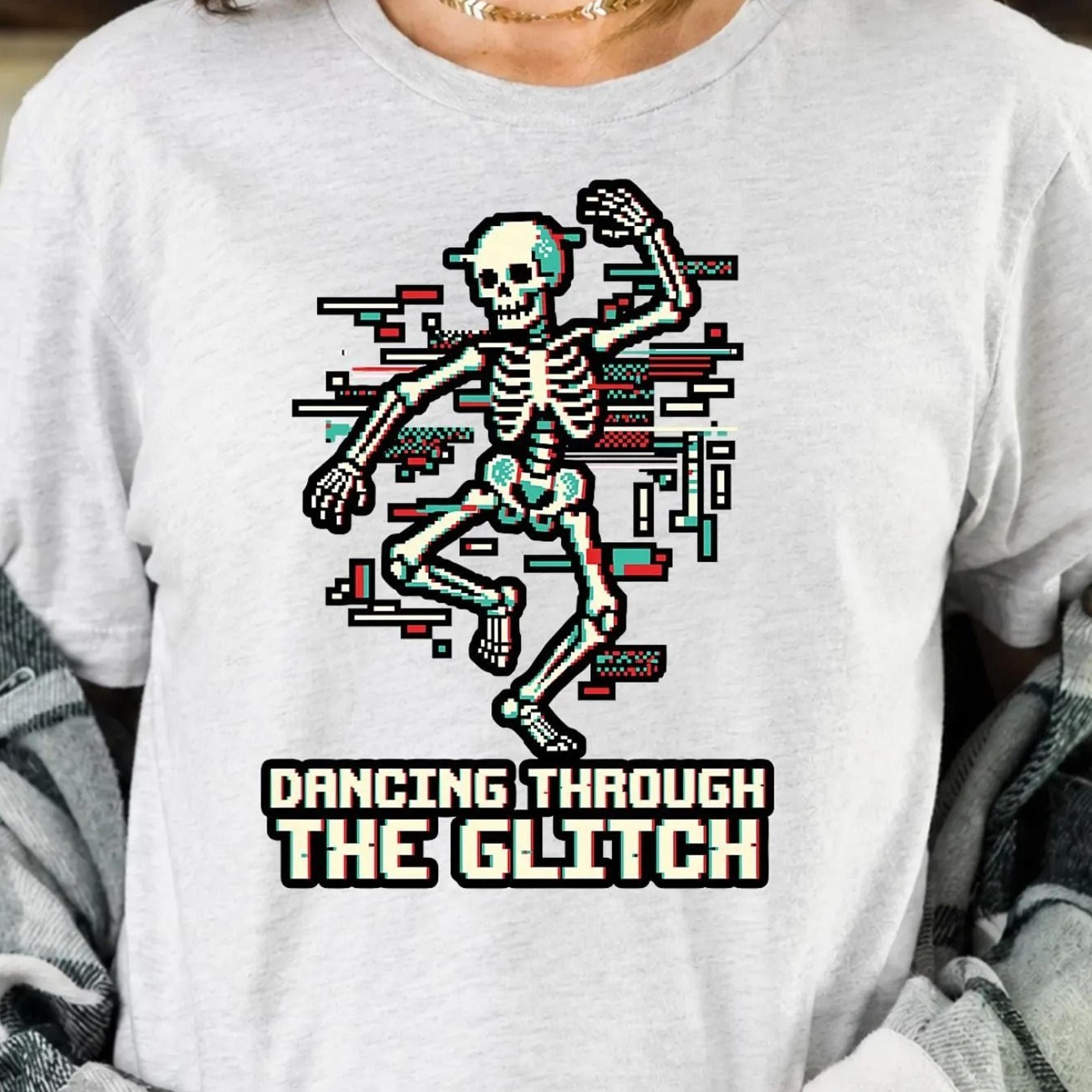 dancing through the glitch skeleton shirt, retro pixel art tee, glitch aesthetic graphic tee, gamer goth halloween gift