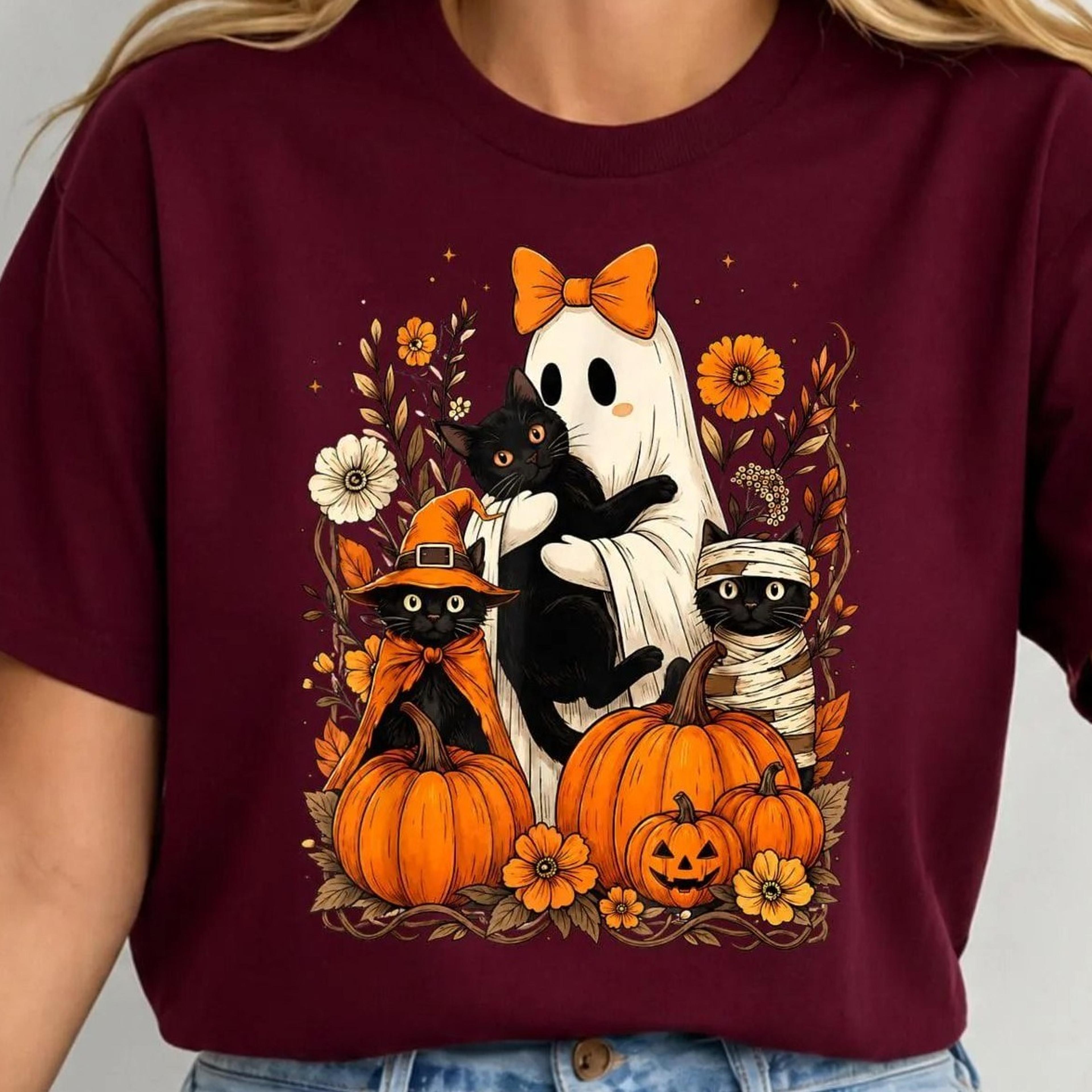 cute ghost cat halloween shirt, black cat pumpkin fall tee, spooky season ghost shirt, cottagecore halloween tee
