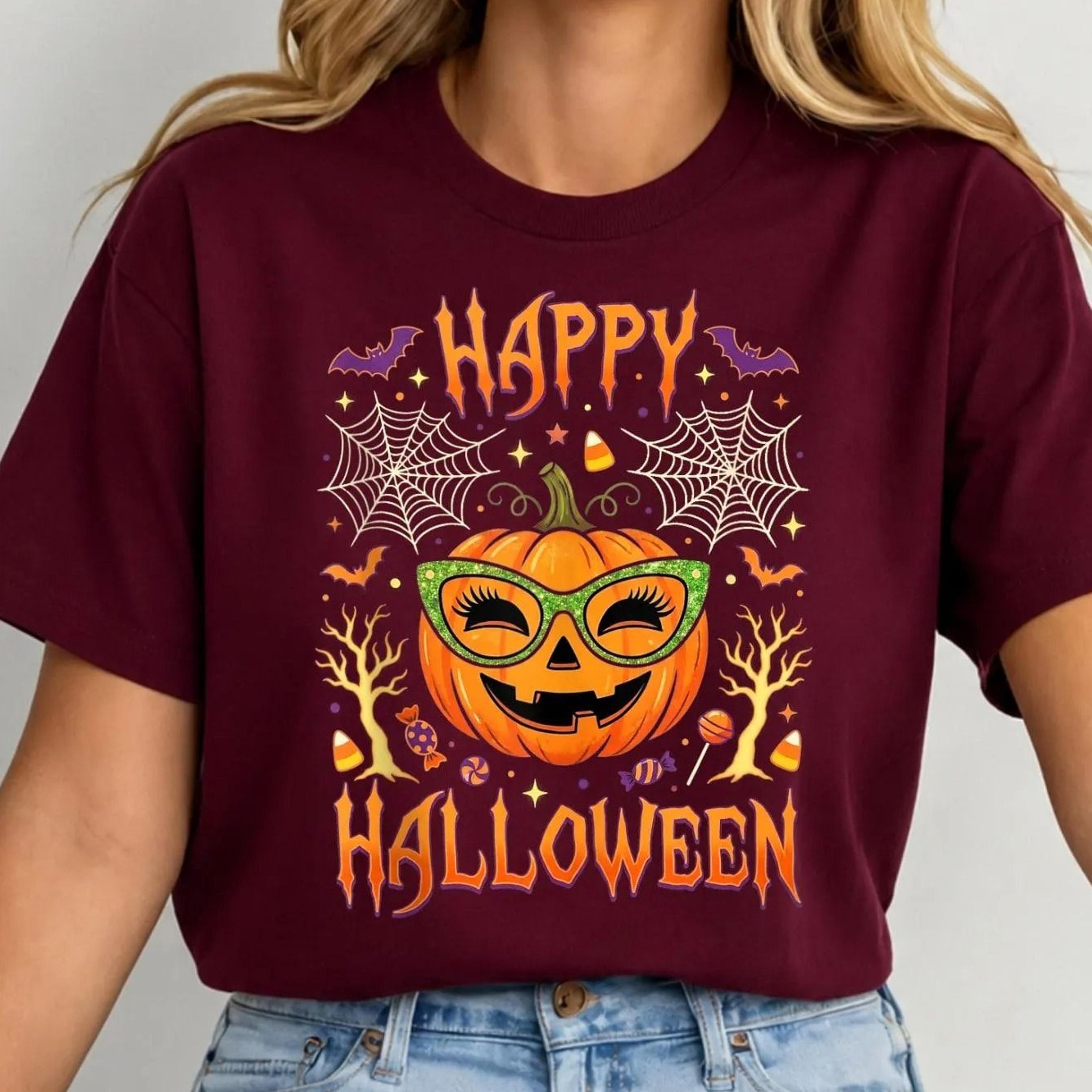 happy halloween pumpkin shirt, cute jack o lantern with glasses t-shirt, spooky fall graphic tee, halloween party shirt