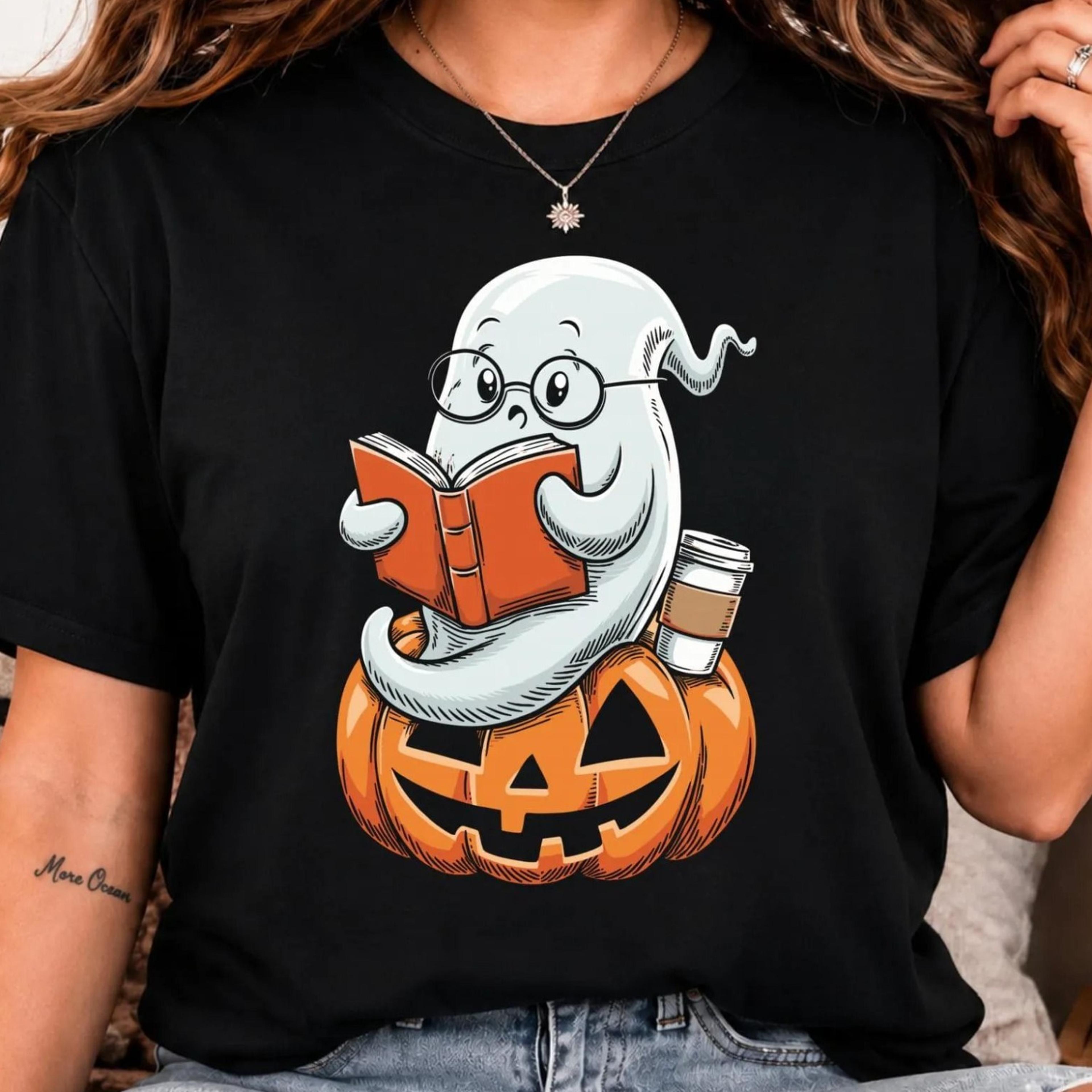 cute ghost reading book shirt, book lover halloween t-shirt, coquette ghost tee, pumpkin reading ghost shirt