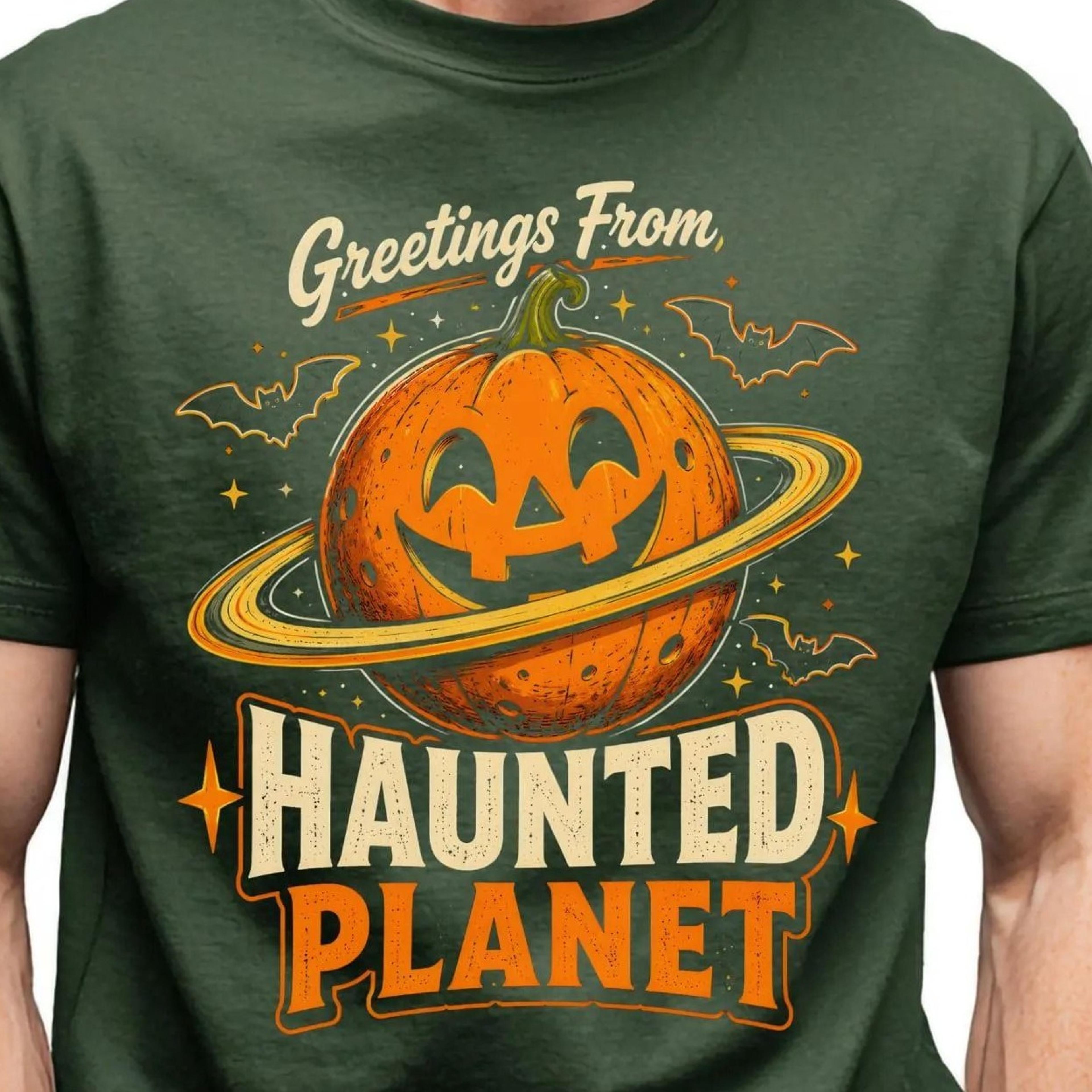 greetings from haunted planet shirt, vintage halloween pumpkin tee, retro spooky season tee, jack o lantern graphic tee