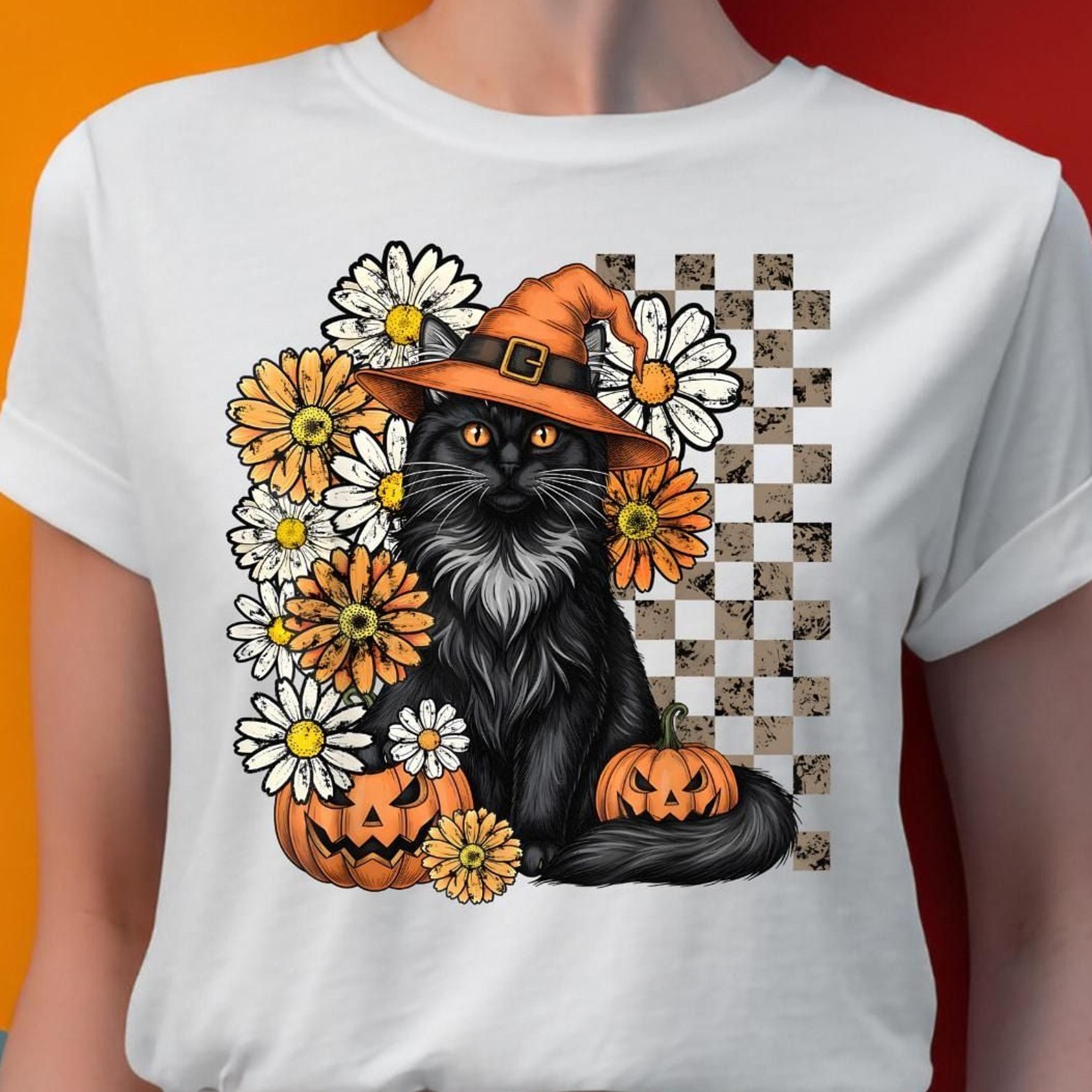 black cat witch shirt, halloween cat shirt, cute witch cat tee, floral halloween shirt, pumpkin cat shirt