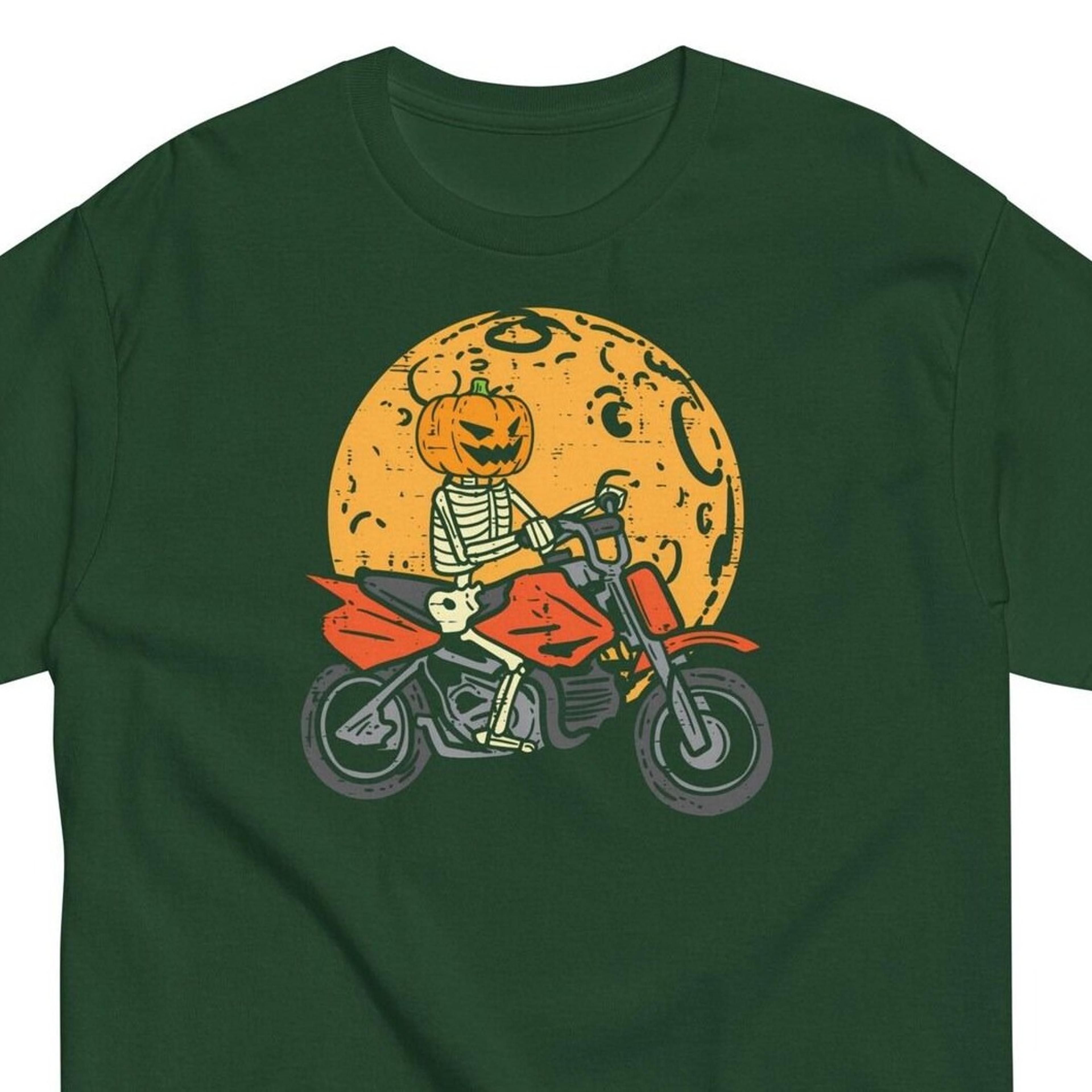 halloween dirt bike shirt, pumpkin head skeleton riding under full moon, motocross rider tee, funny mx rider gift