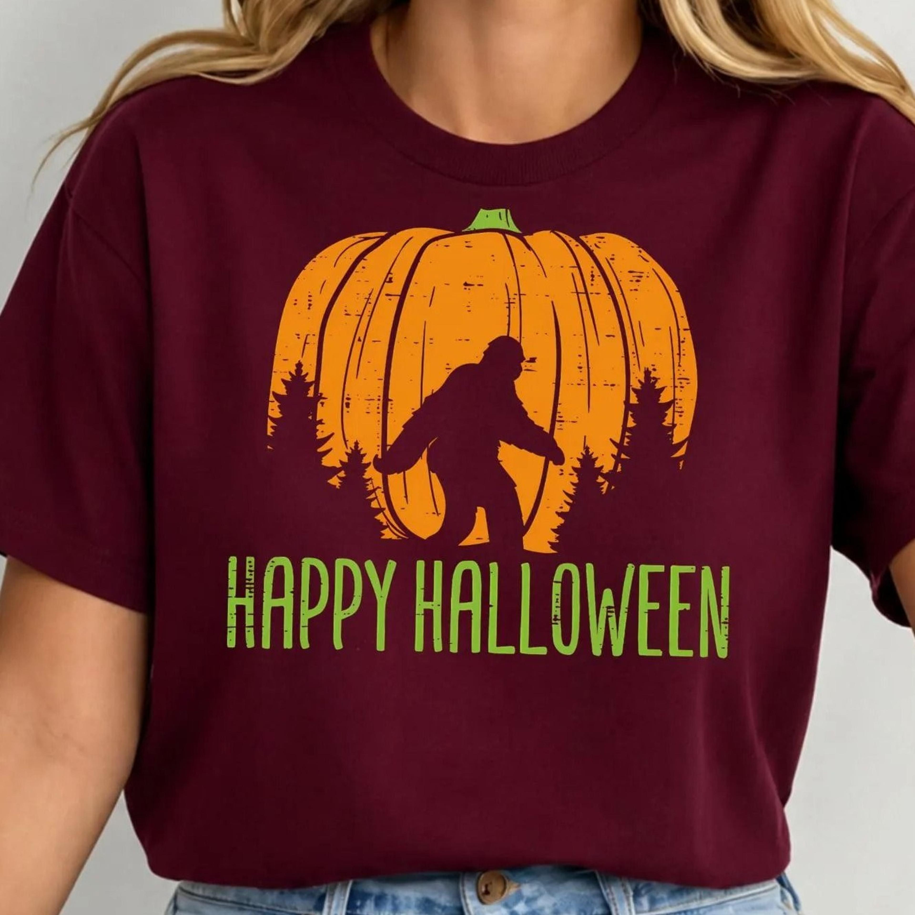 happy halloween bigfoot shirt, funny sasquatch pumpkin tee, cryptid halloween t-shirt, fall graphic shirt