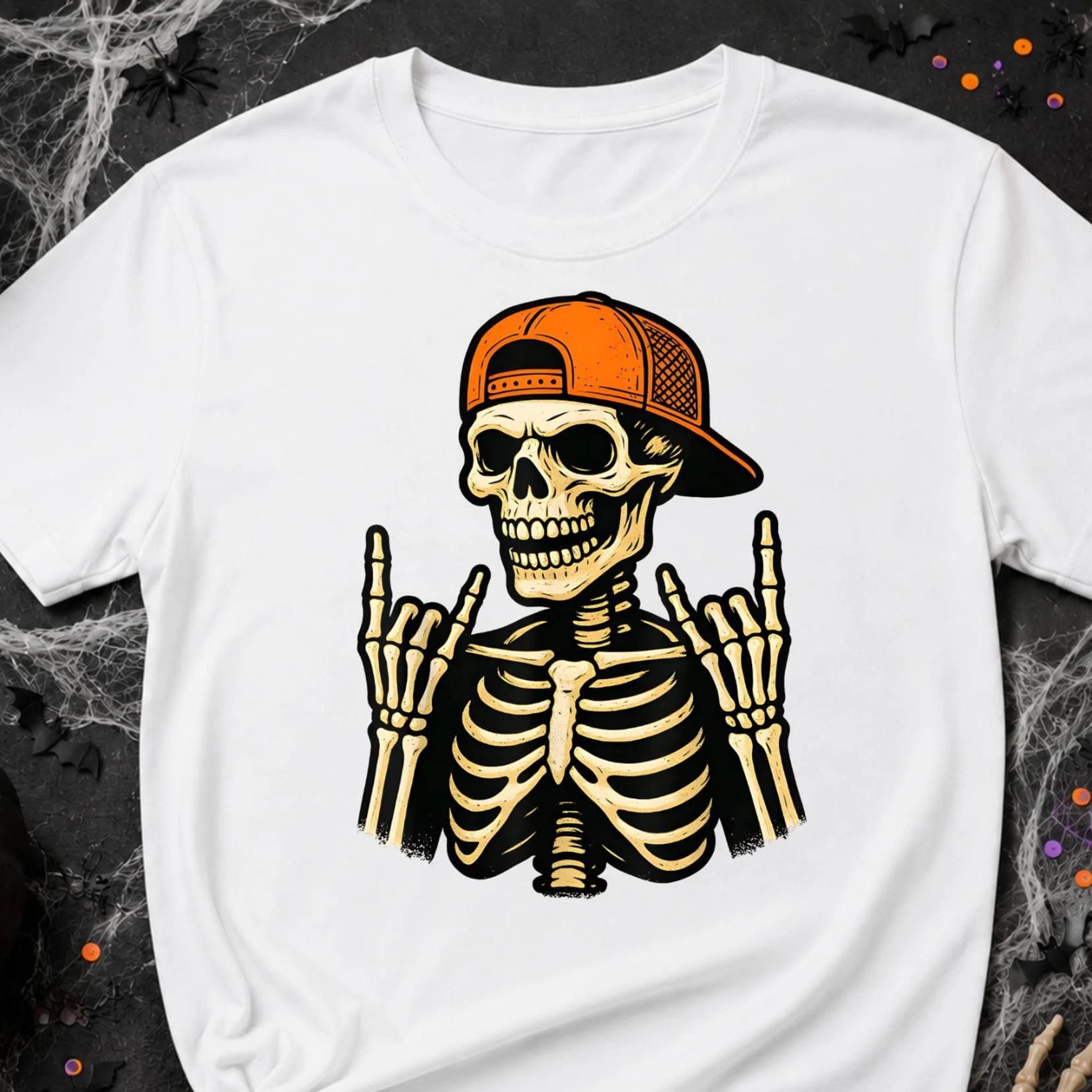 skeleton t-shirt, rock hand skull shirt, gothic halloween tee, skull wearing orange snapback, punk graphic tee