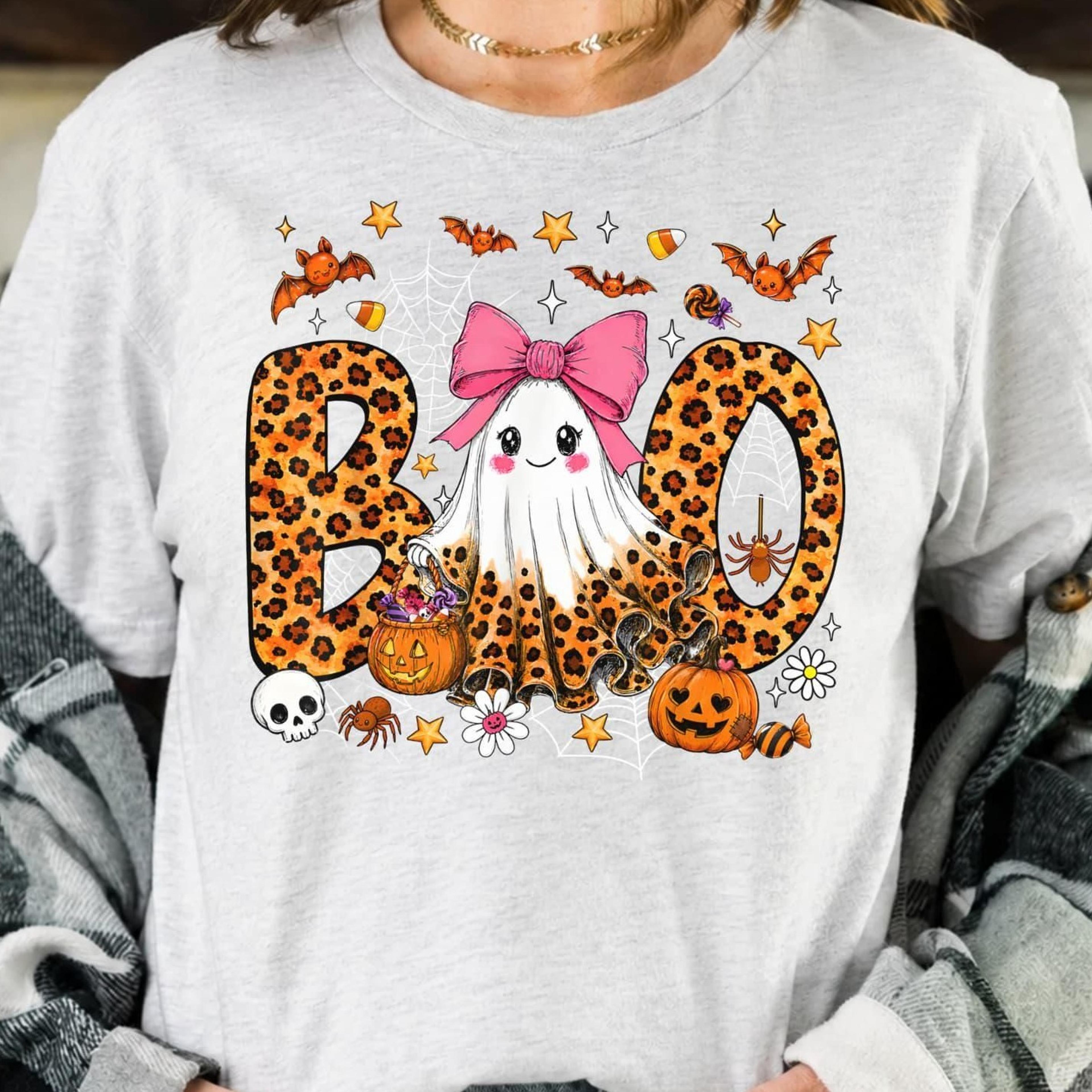 cute boo ghost halloween shirt, coquette ghost tee, leopard print boo tee, pink bow ghost shirt