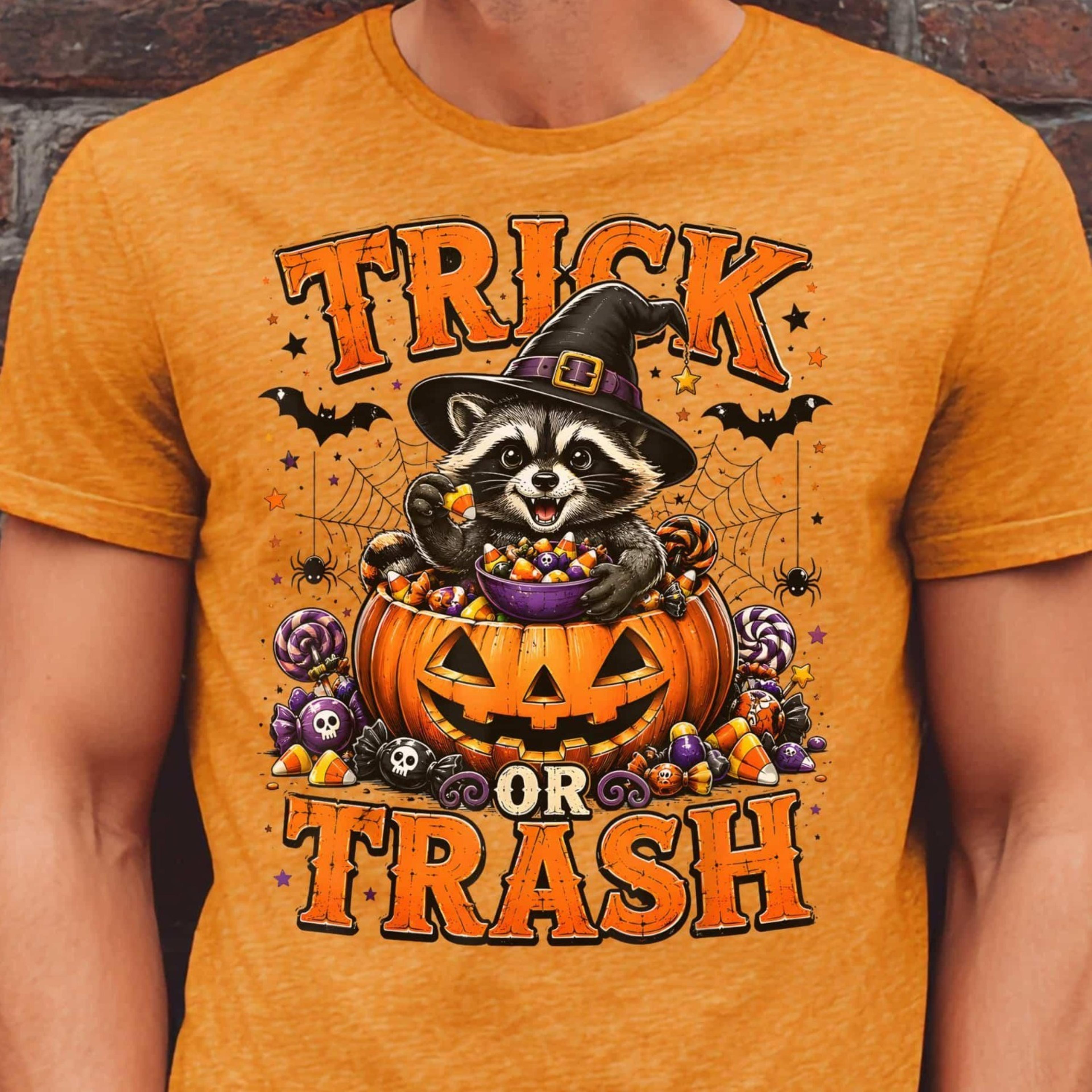trick or trash raccoon halloween shirt, funny halloween raccoon t-shirt, cute witch raccoon pumpkin tee