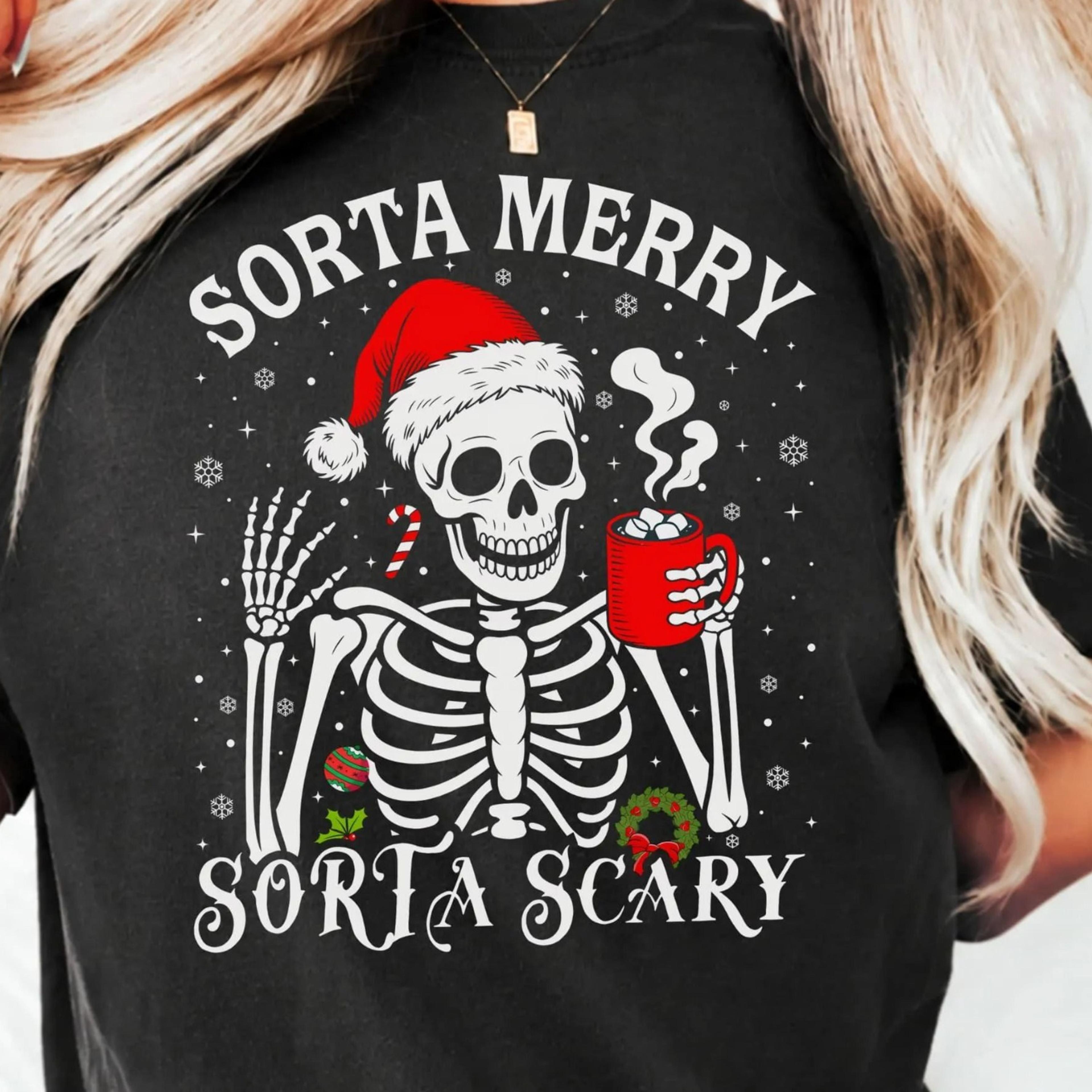 sorta merry sorta scary skeleton christmas shirt, funny goth xmas tee, spooky holiday skeleton gift, santa skull shirt