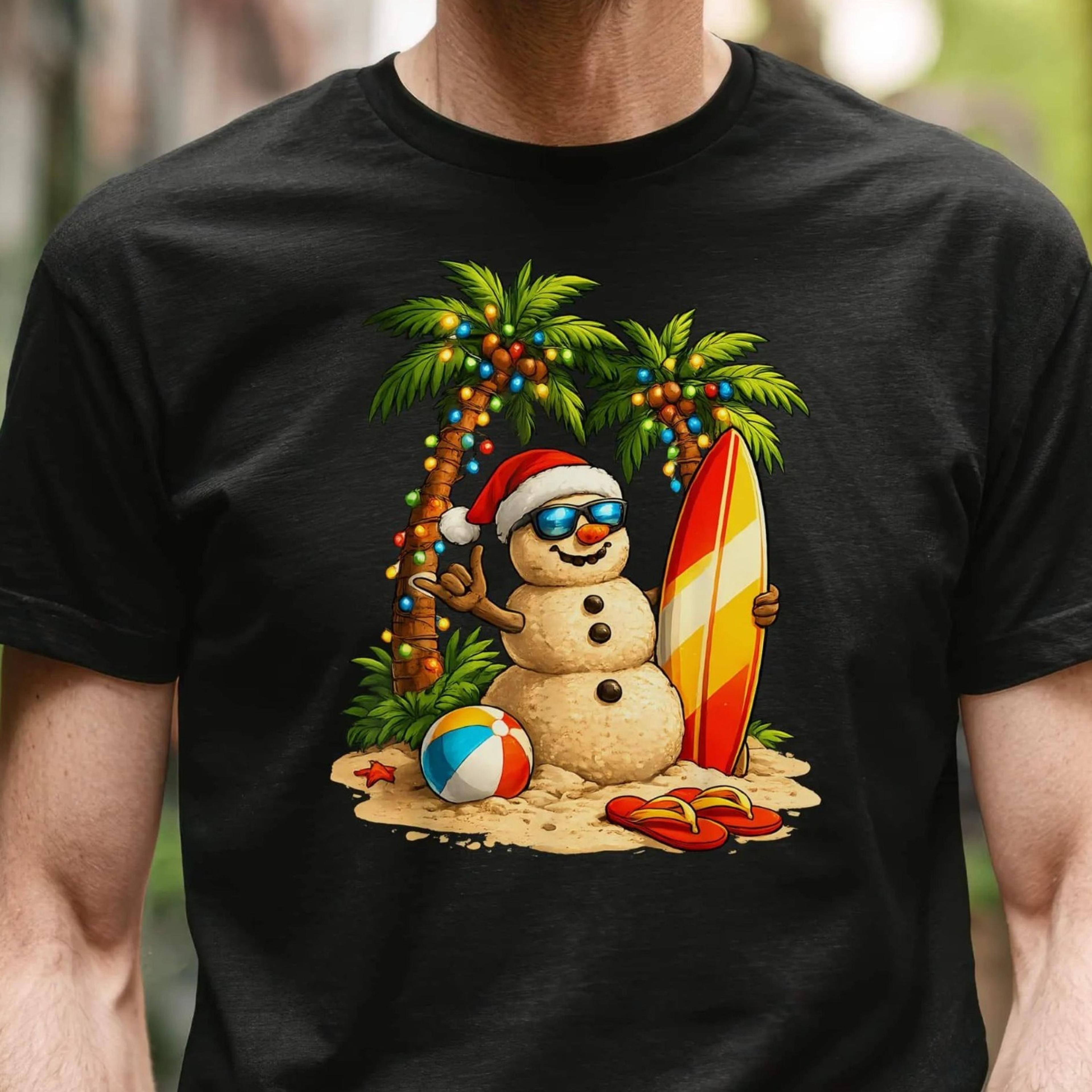 funny tropical christmas snowman surfing t-shirt | beach christmas shirt