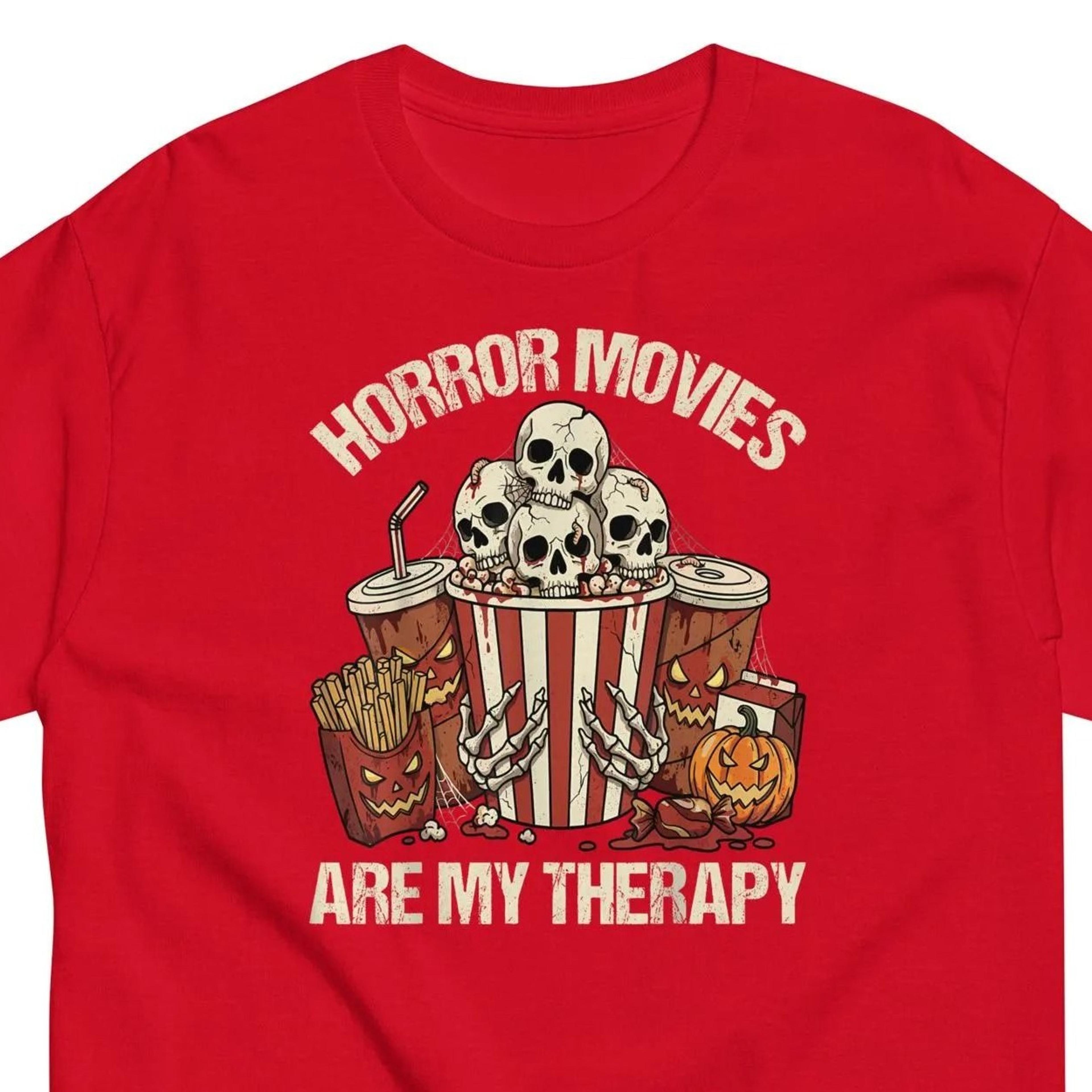 horror movies are my therapy shirt, horror movie lover gift, halloween skull popcorn tee, scary movie fan t-shirt