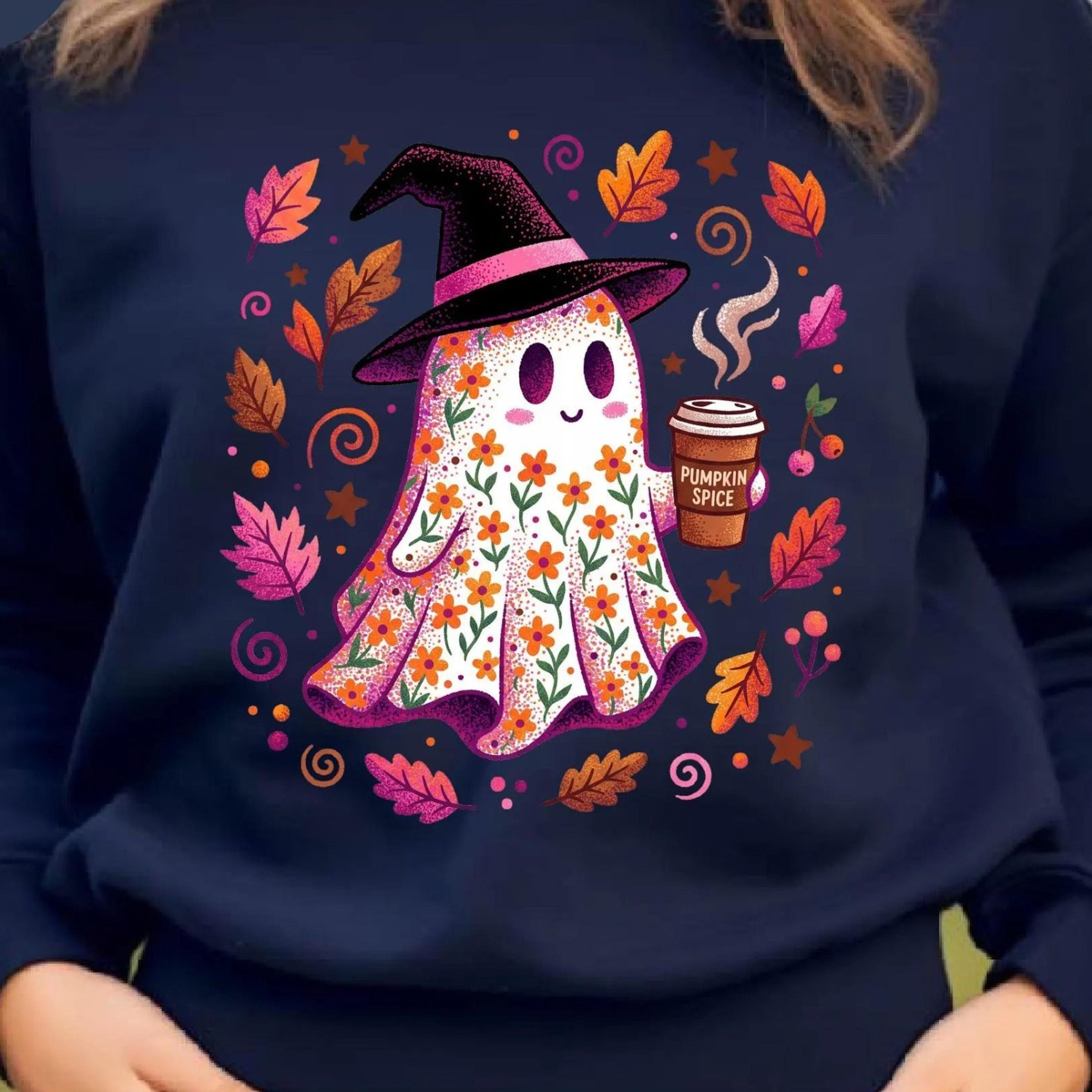 floral ghost , pumpkin spice ghost sweatshirt, halloween ghost, witch hat ghost, boho fall ,