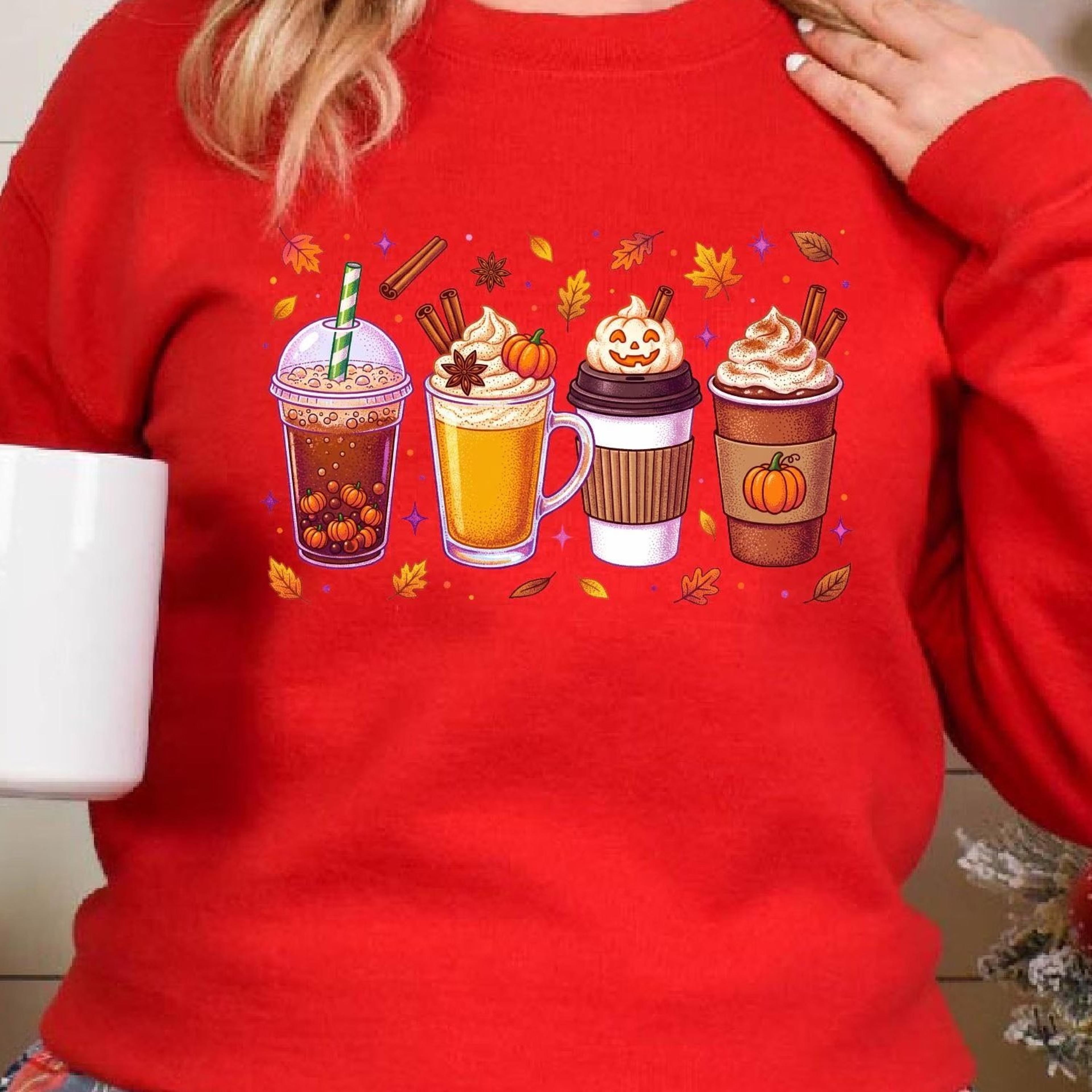 pumpkin spice coffee sweatshirt, fall drinks , autumn coffee lover sweatshirt, halloween coffee cups graphic