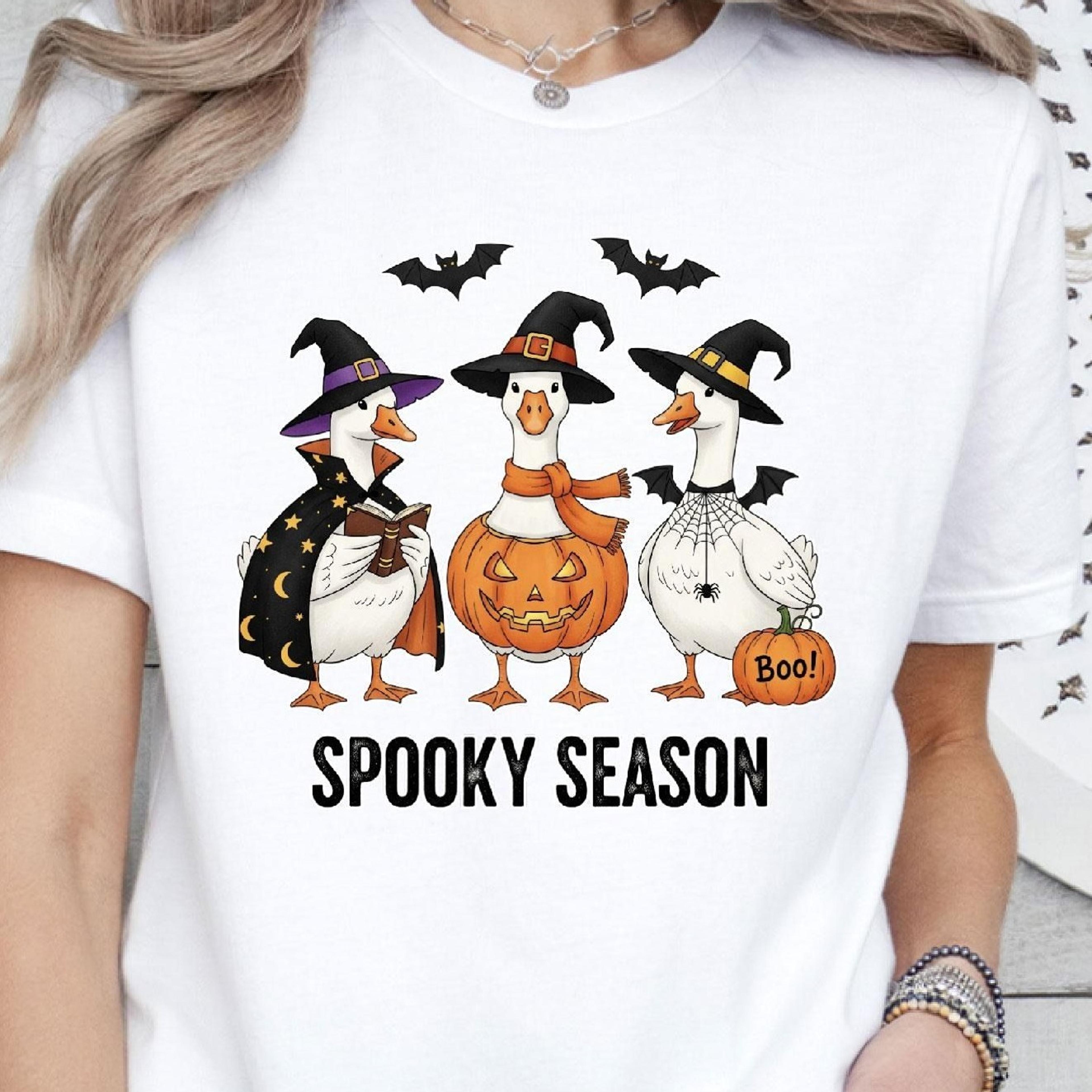 spooky season goose shirt, witch hat ducks, halloween pumpkin boo graphic, bat autumn tee, spooky goose, witch ducks