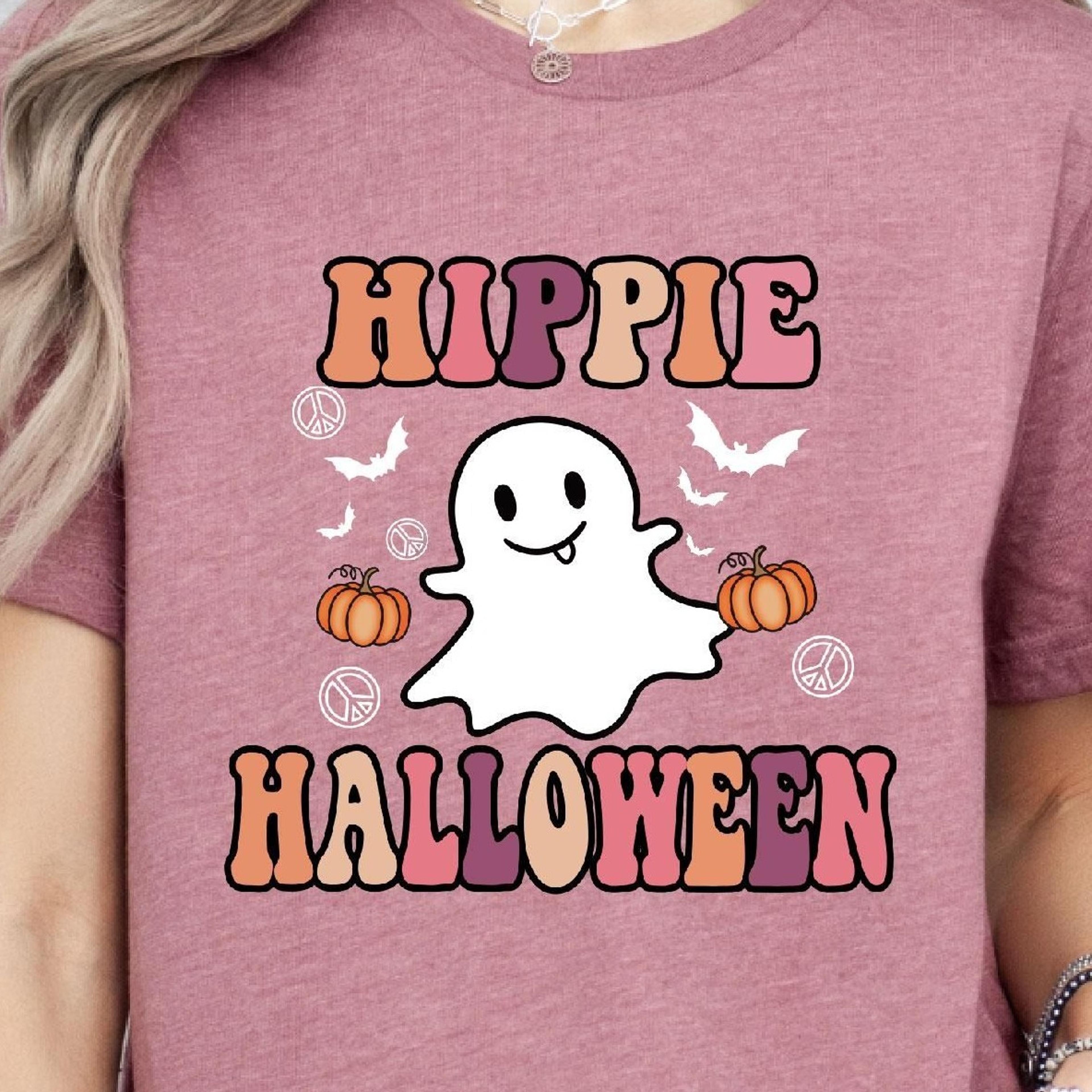 hippie halloween tee, cute ghost peace, halloween t-shirt, pumpkin bat, ghost peace sign, halloween ghost hippie shirt