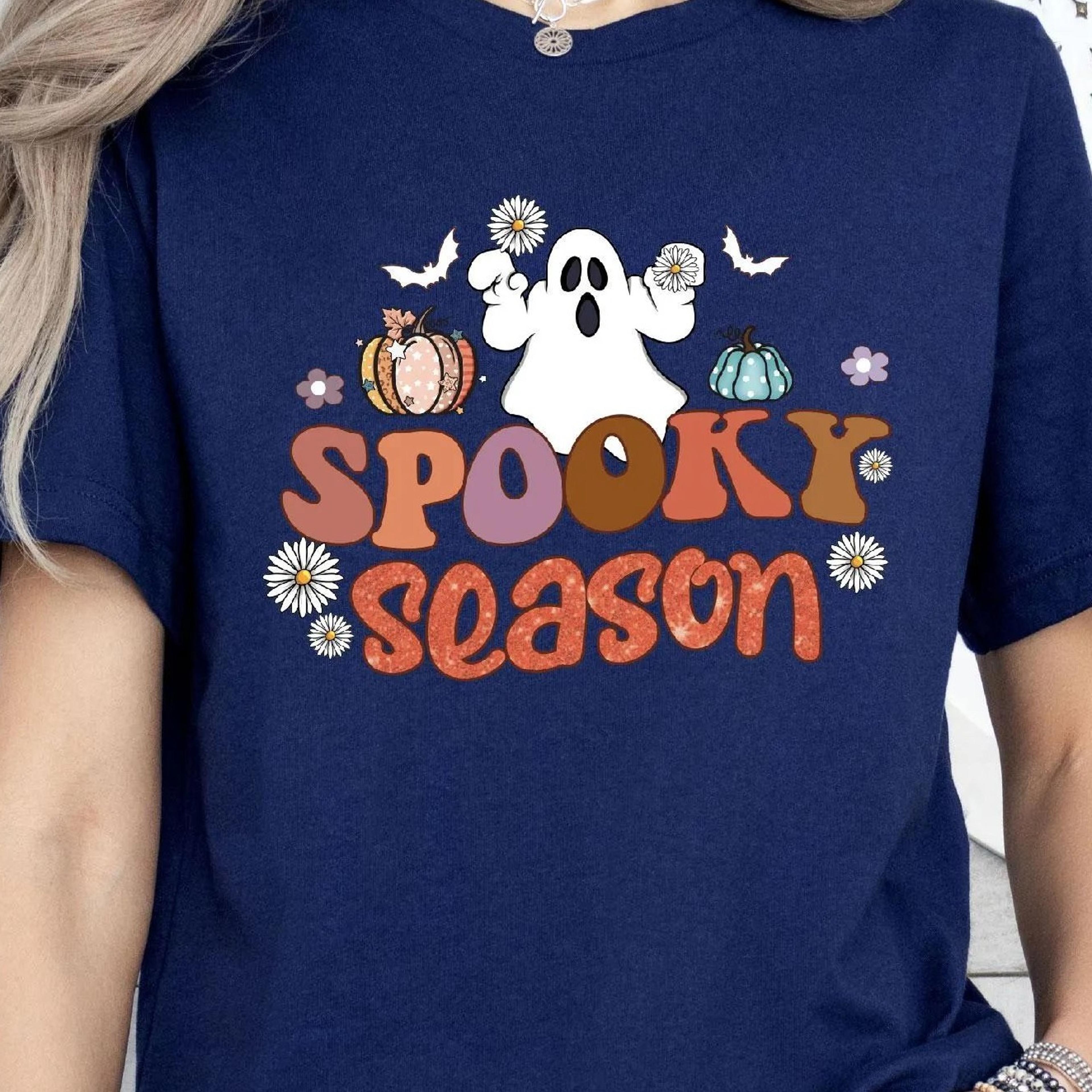 spooky season tee, ghost daisy pumpkin tee, halloween floral, bat graphic fall, retro autumn, cute halloween tee