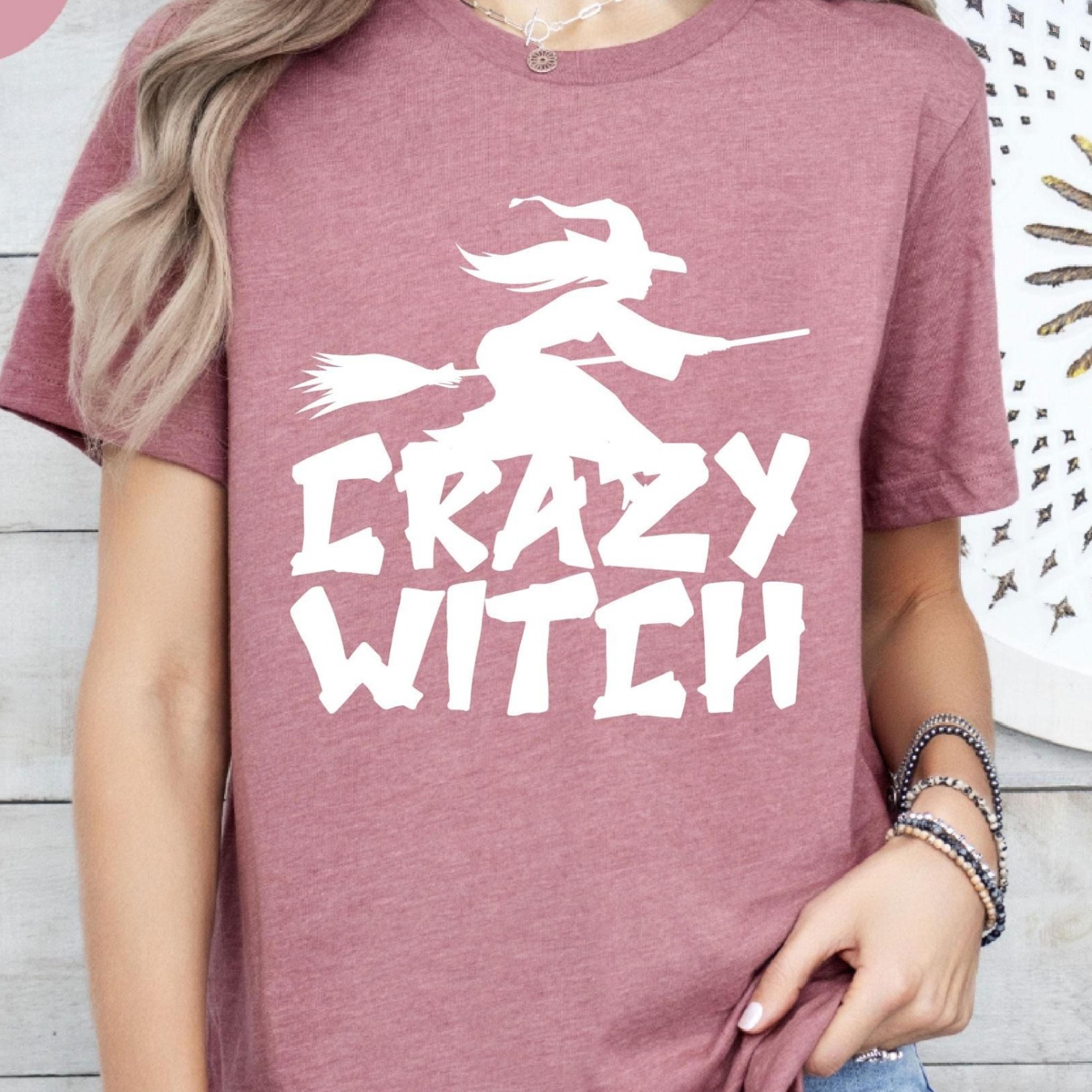 crazy witch shirt, halloween witch riding broom tee, spooky season graphic shirt, witchy vibes t-shirt, witch broom