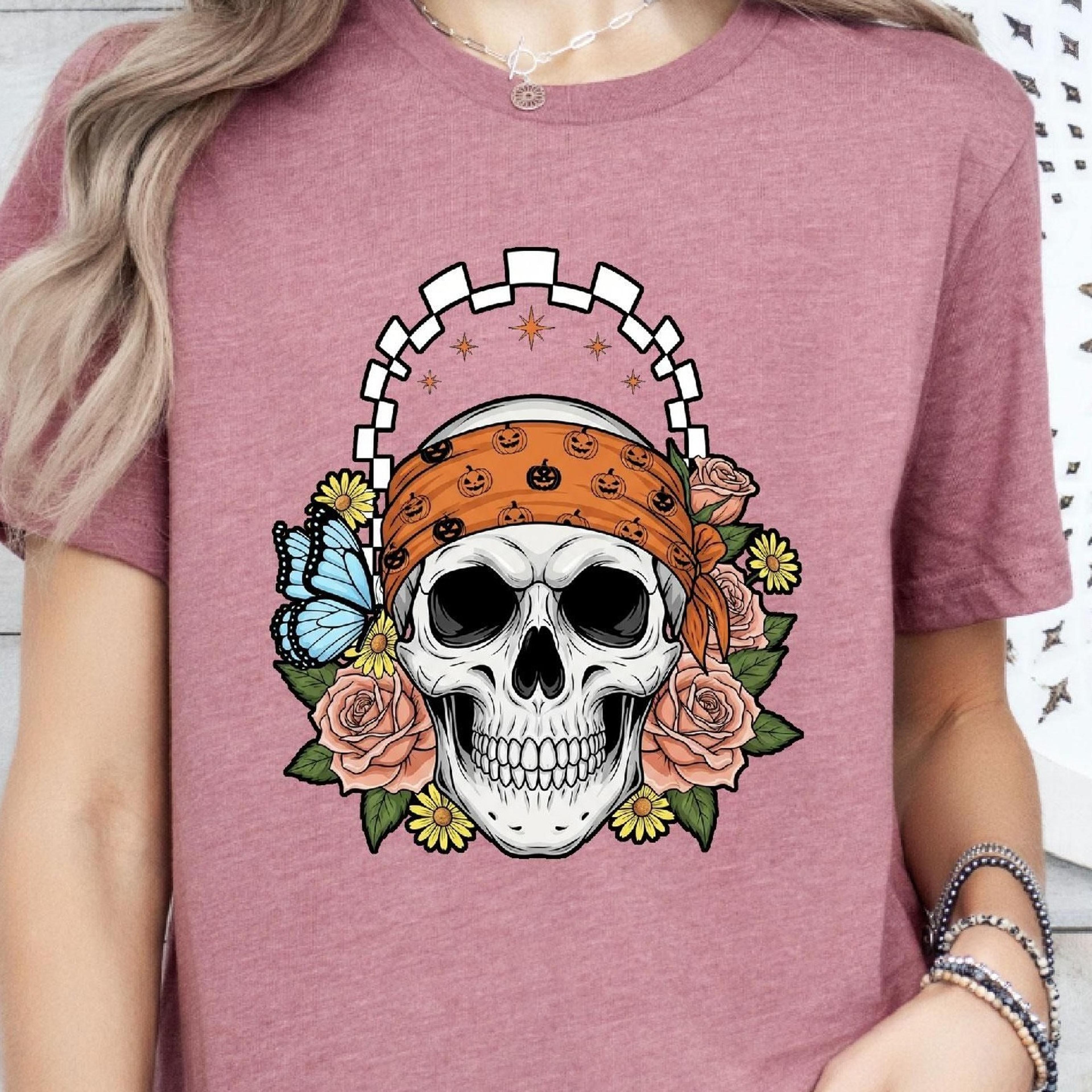 sugar skull halloween shirt, floral skull graphic tee, skeleton head with roses shirt, spooky season skull shirt, butter