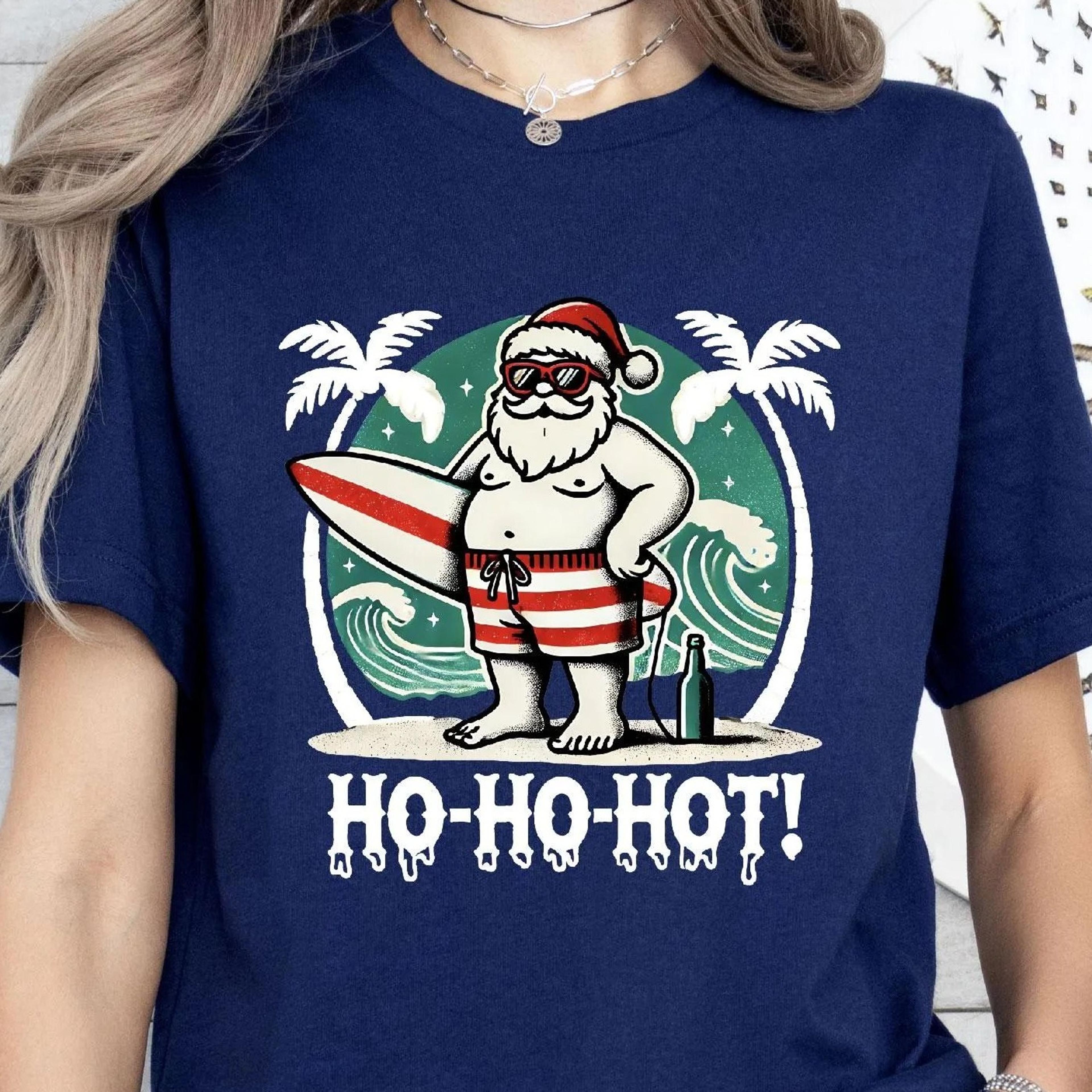 christmas in july, ho ho hot shirt, surfing santa tee, beach santa shirt, tropical christmas, summer holiday, palm tree