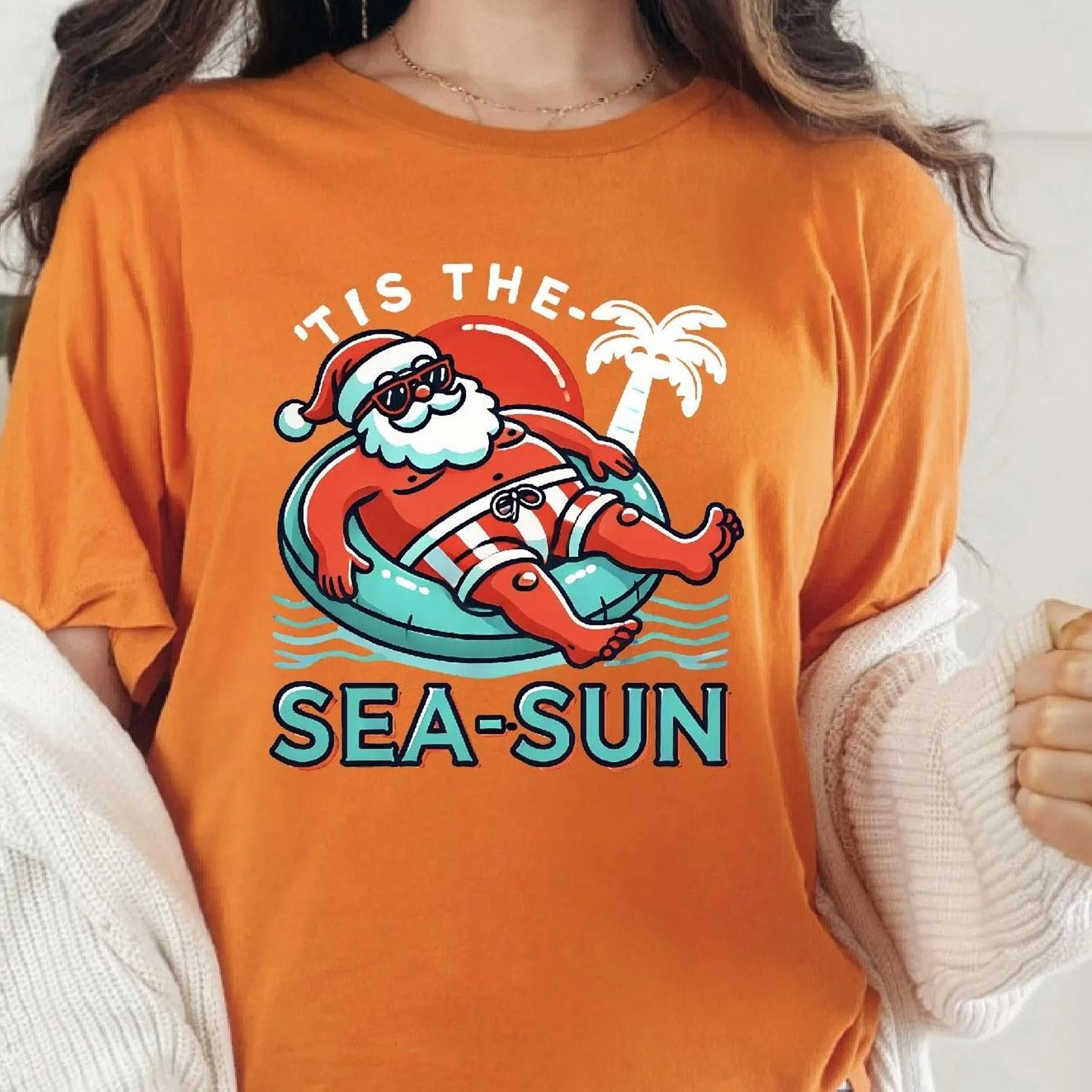 sea sun santa, christmas in july shirt, beach santa tee, flamingo santa, santa pool float, beach vacation tee,