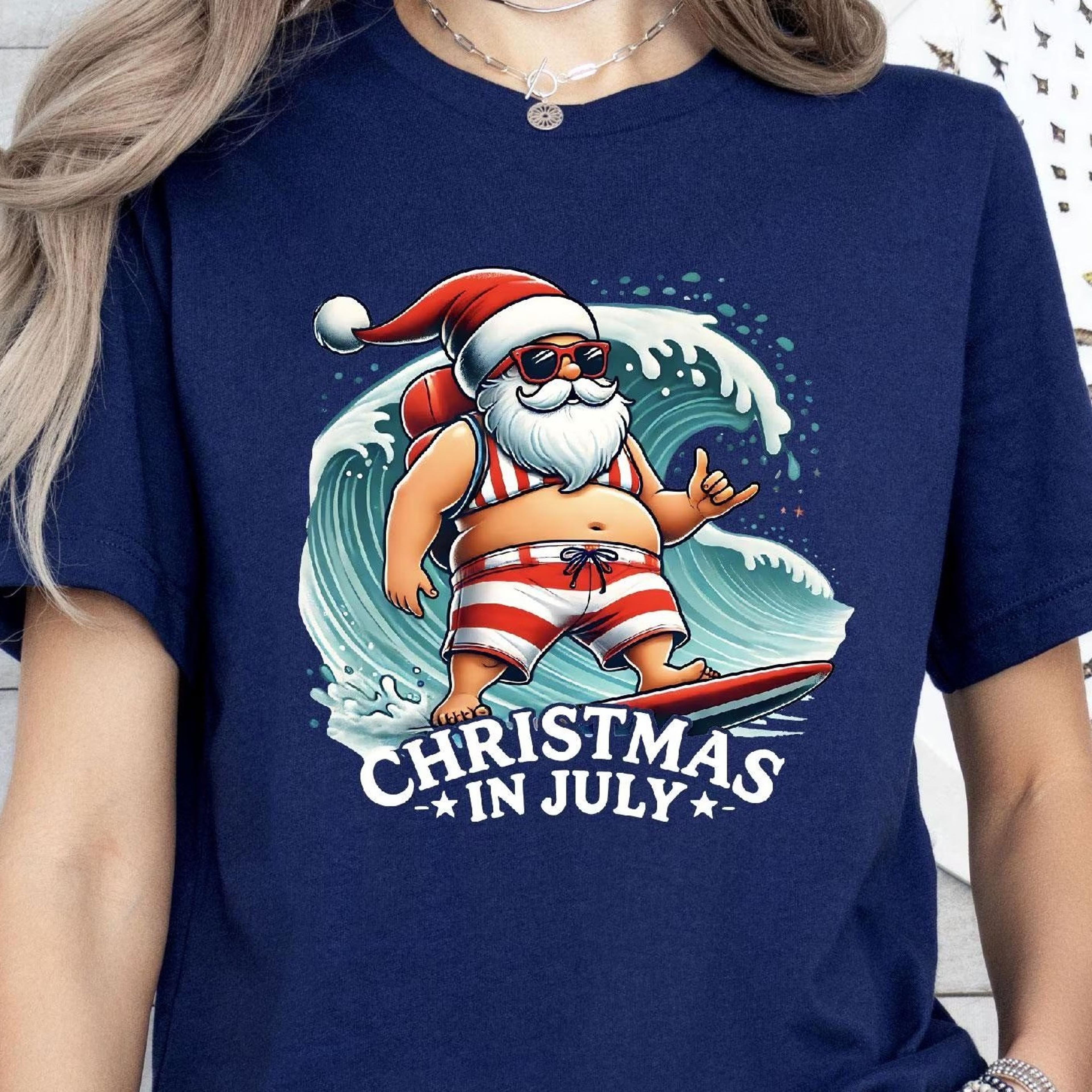 christmas in july, surfing santa shirt, beach santa tee, tropical christmas, summer holiday, surfboard santa