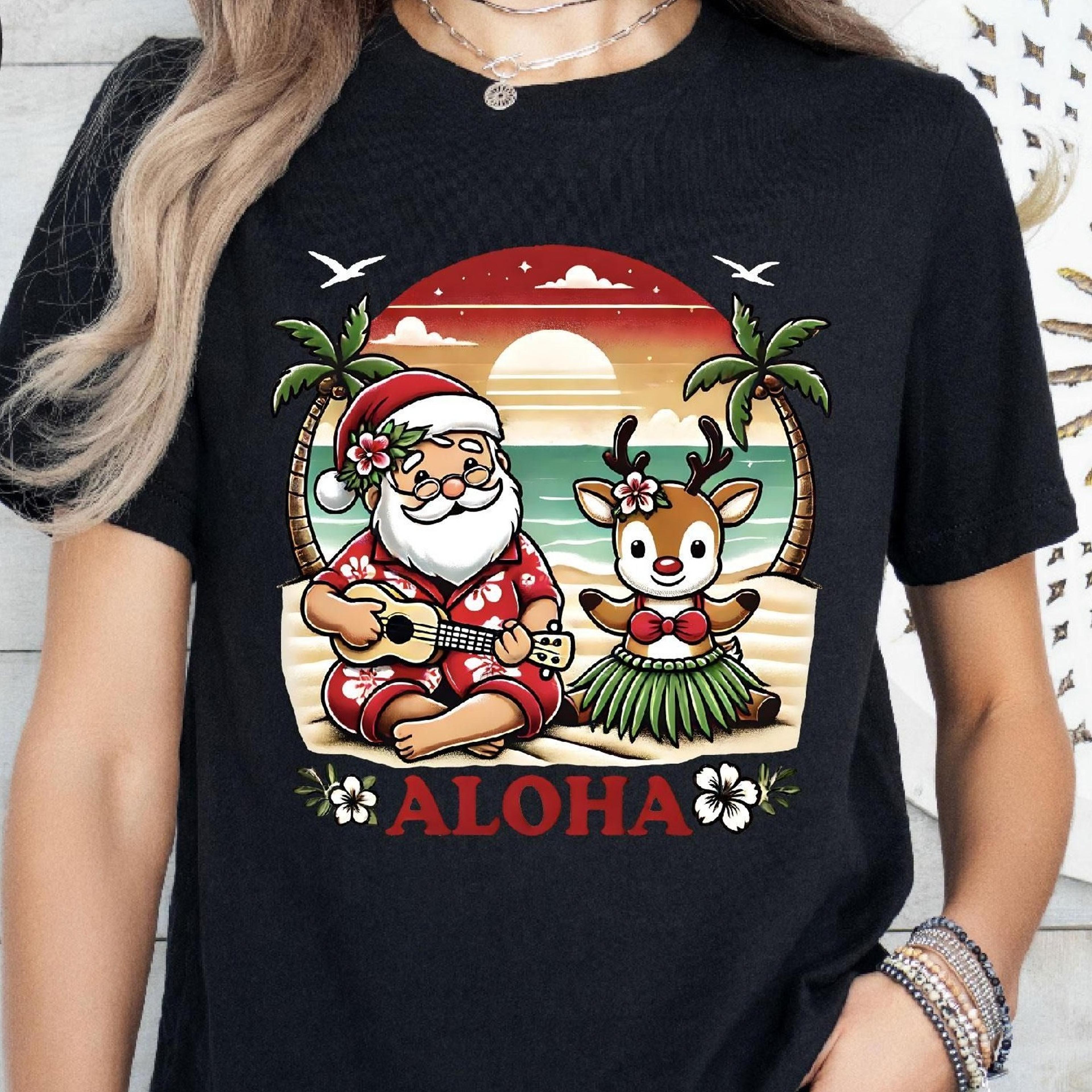 aloha christmas tee, hawaiian santa, tropical reindeer, beach christmas, christmas in july, ukulele santa tee