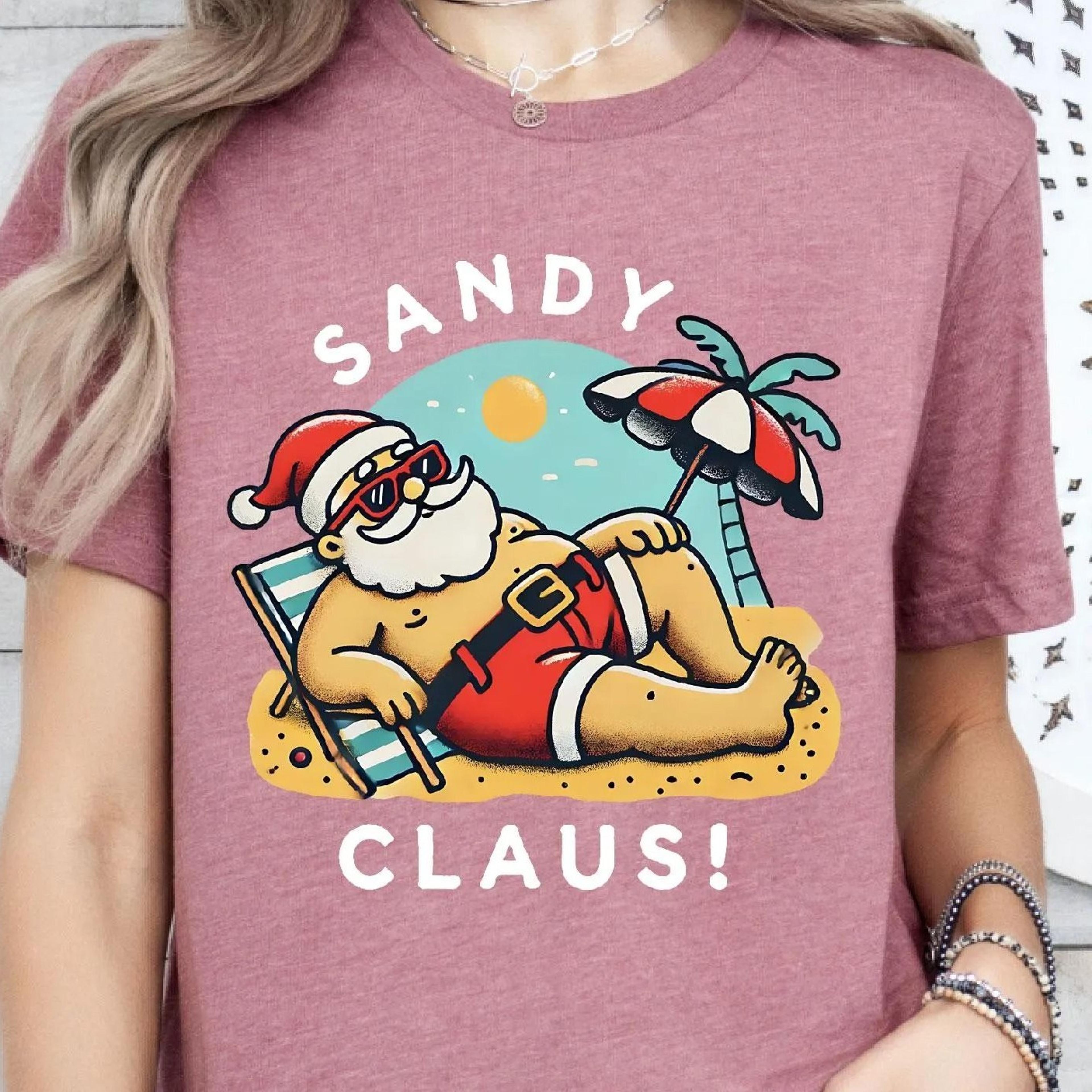 sandy claus shirt, beach santa tee, tropical christmas, summer santa shirt, christmas in july, beach holiday