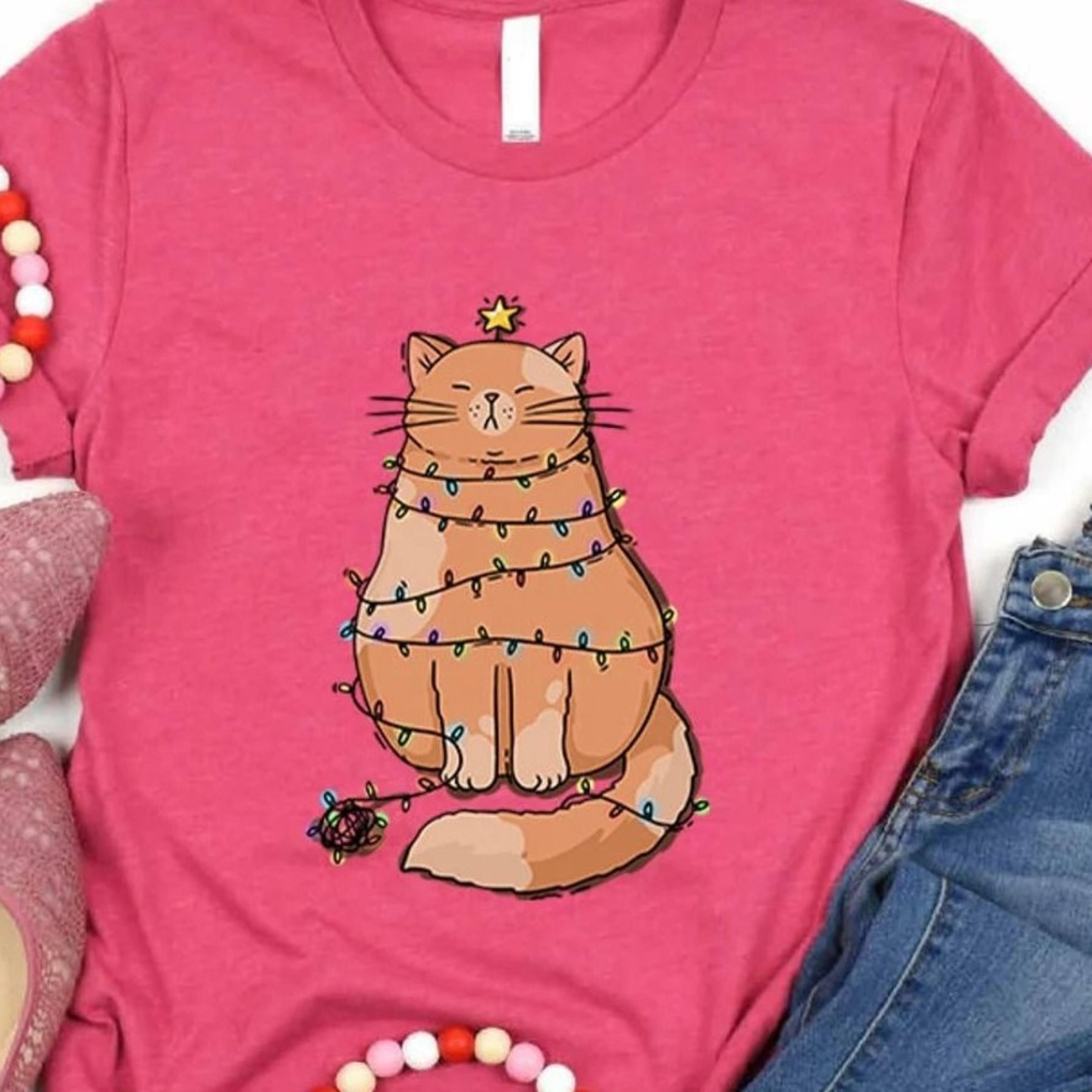 funny fat cat christmas lights shirt cat mom tee