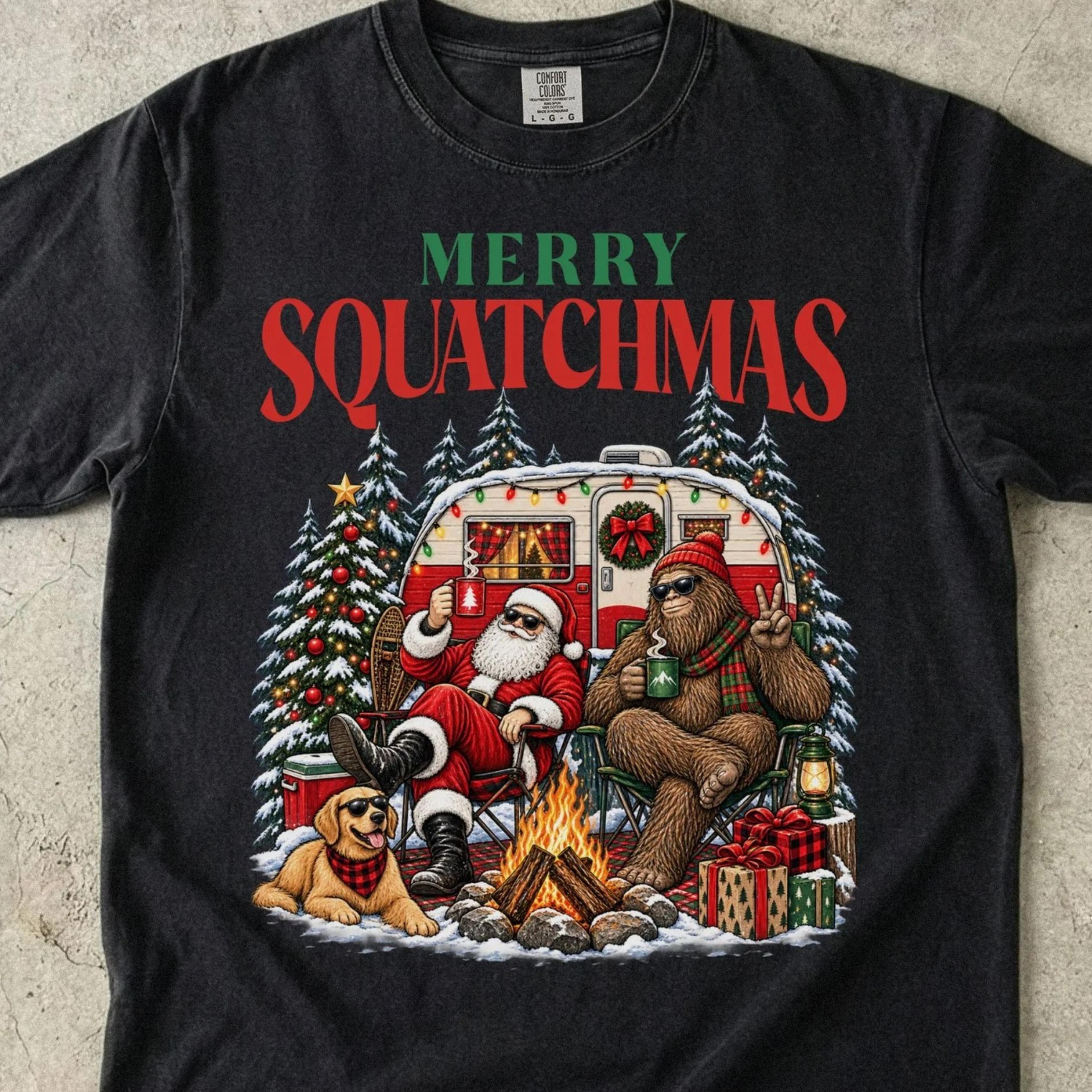 shirt bigfoot and santa christmas tee camping holiday graphic tshirt cozy winter outdoor camper t-shirt