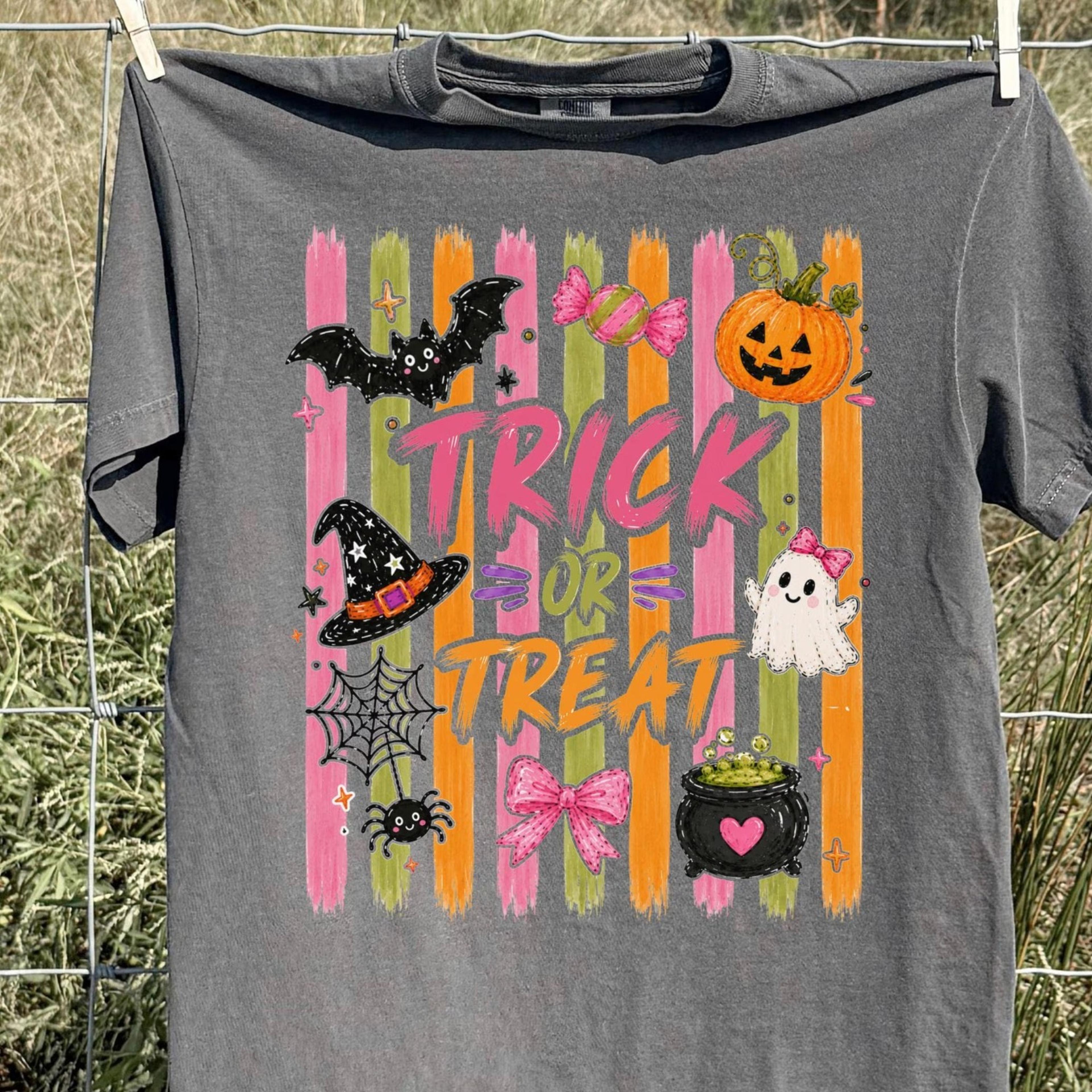 trick or treat halloween shirt striped spooky season tee trendy ghost bat graphic tshirt