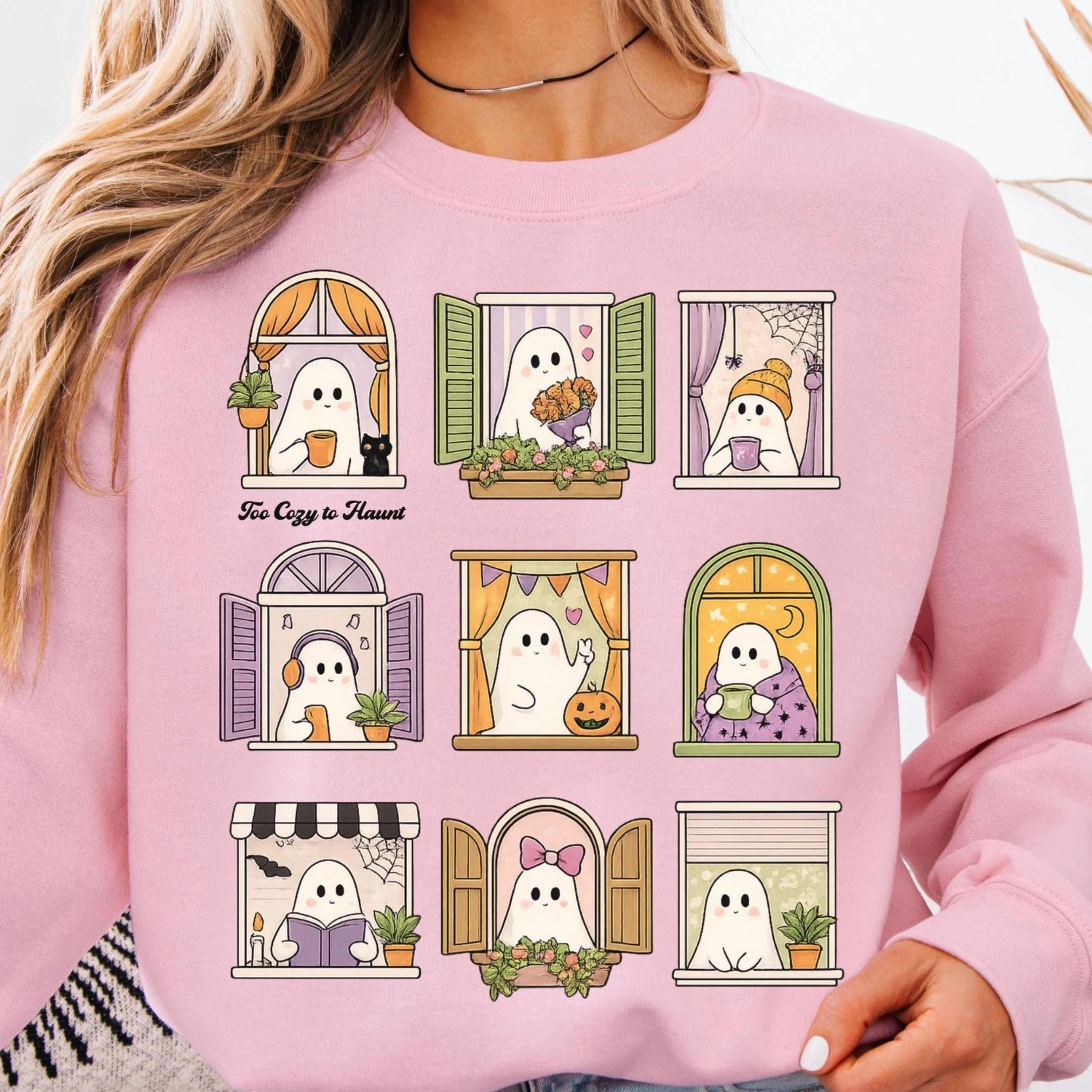 spooky halloween ghost sweatshirt too cozy to haunt crewneck bookish librarian reader sweater kawaii cottagecore fall