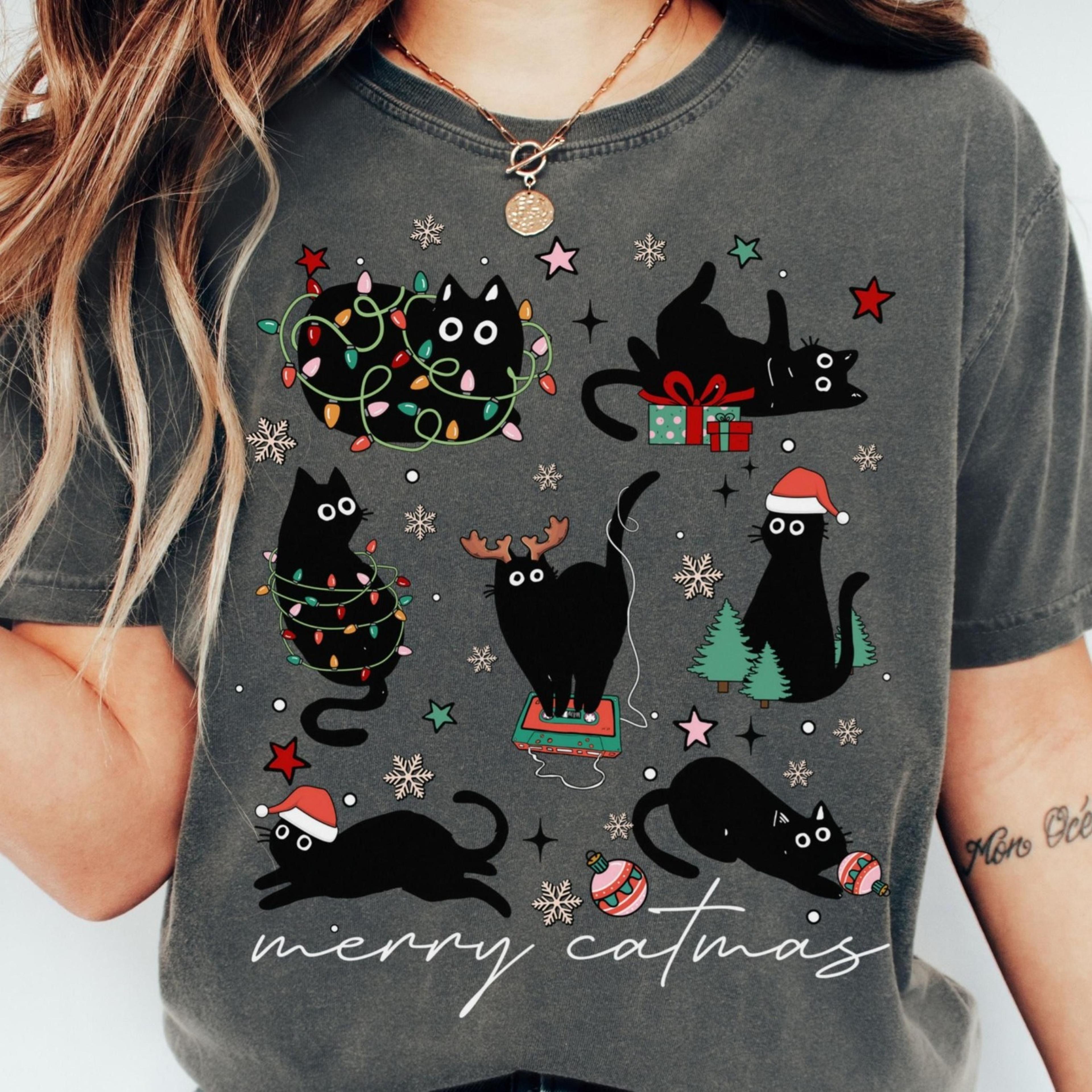 christmas cat shirt catmas meow christmas tree light its fine holiday tshirt funny kitty black cat xmas t