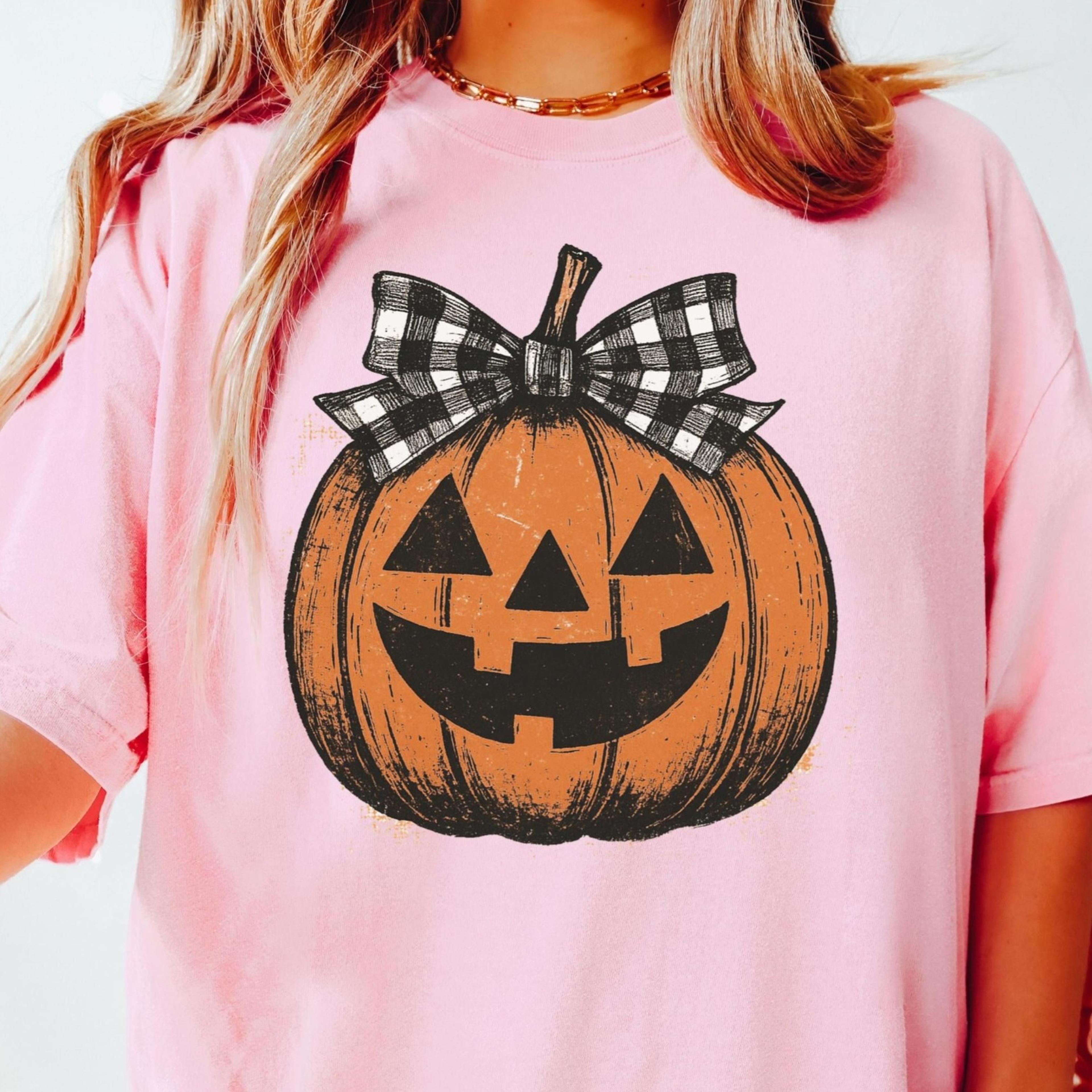 pumpkin bow fall shirt girly checkered halloween tshirt spooky season graphic tshirt cute trick