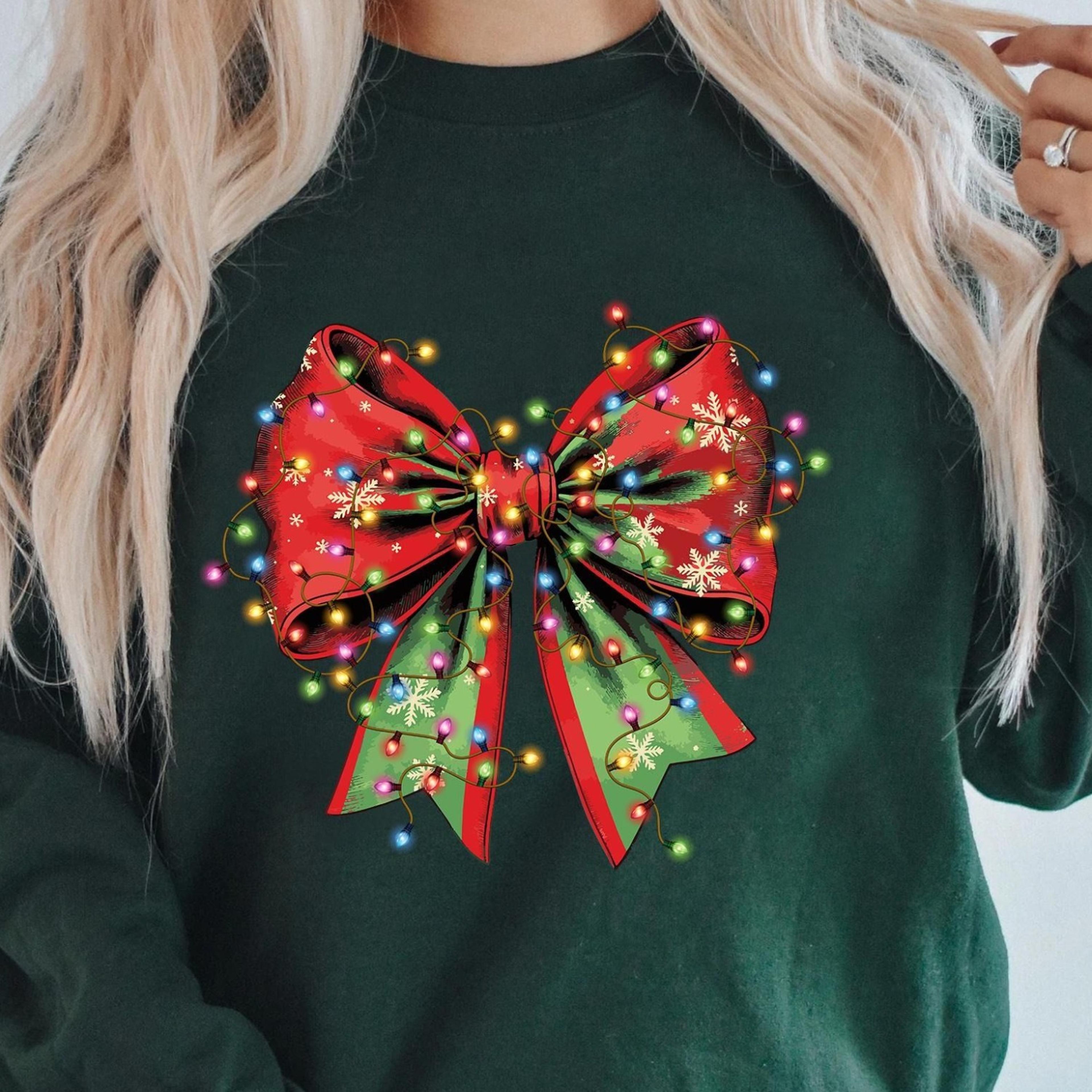coquette bow christmas lights sweatshirt, cute holiday bow shirt, aesthetic christmas sweater, girly festive outfit