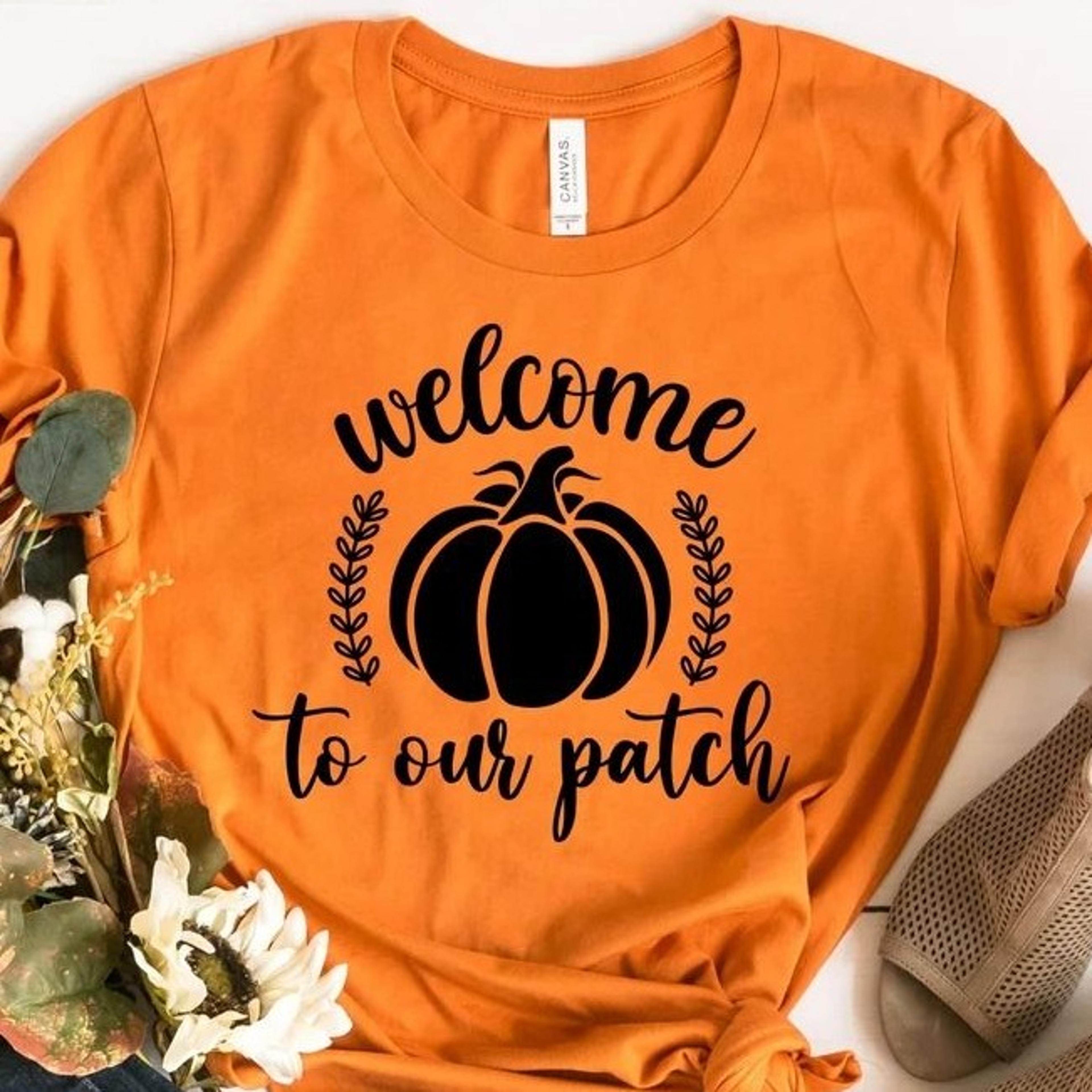 welcome to our patch shirt, halloween pumpkin shirt, pumpkin silhouette shirt, pumpkin shirt, orange pumpkin shirt